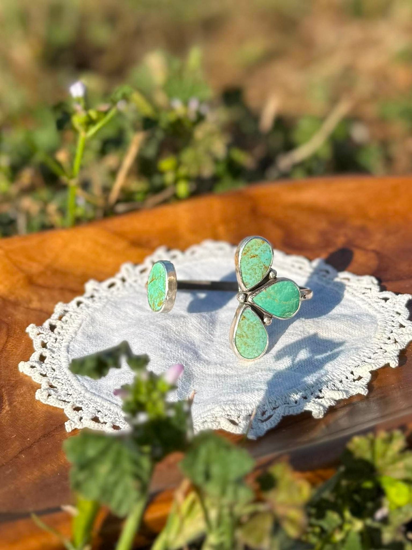 Sonoran Gold & Chilean Turquoise Pinch Petal Cuff Bracelet – Handmade Sterling Silver