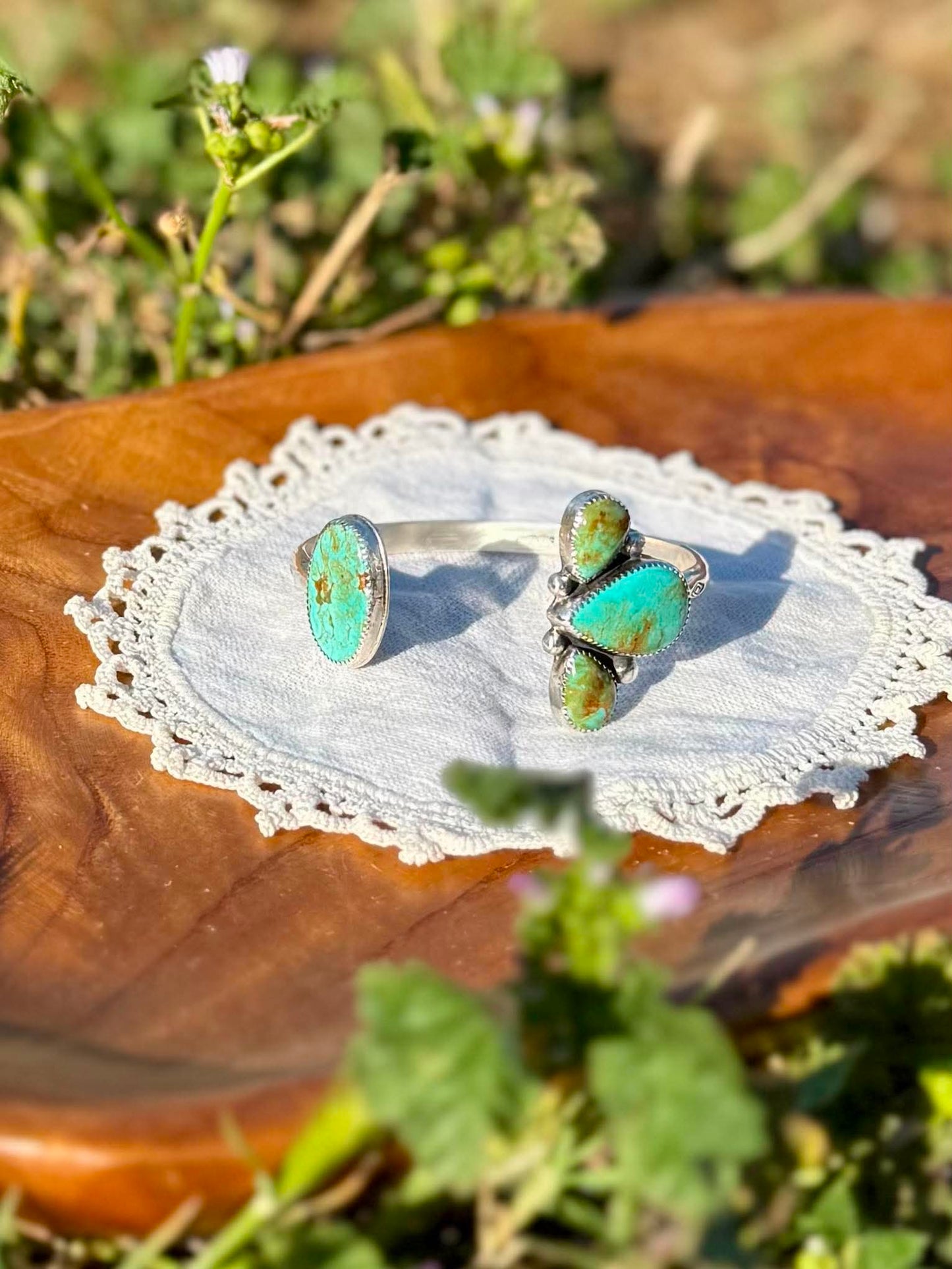 Kingman & Sonoran Gold Turquoise Pinch Petal Cuff Bracelet – Handmade Sterling Silver