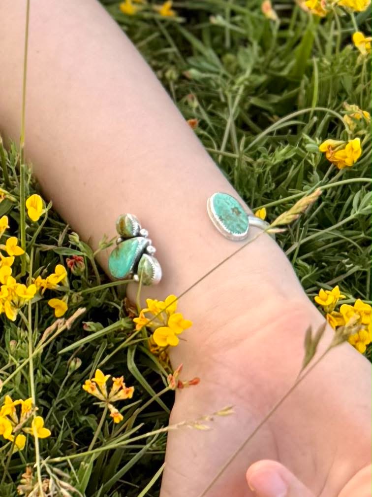 Kingman & Sonoran Gold Turquoise Pinch Petal Cuff Bracelet – Handmade Sterling Silver