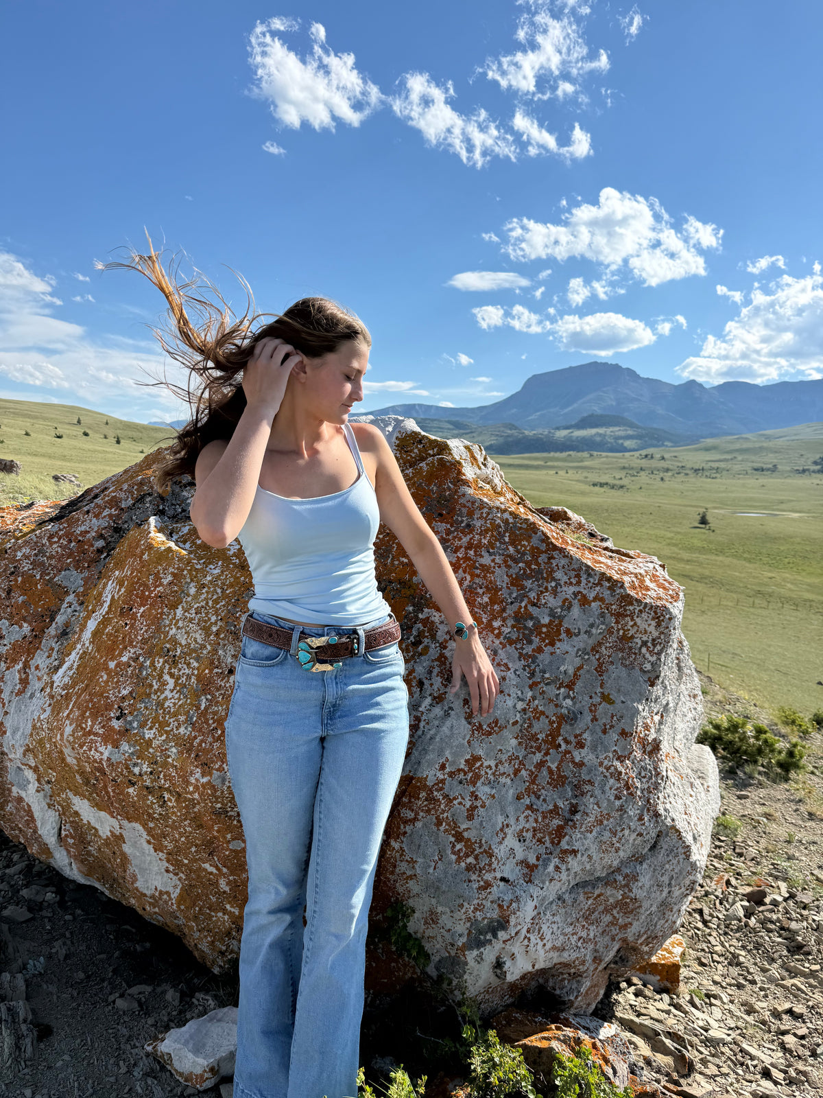 Hand Engraved Kingman Turquoise Belt Buckle & Keeper | Montana Collection