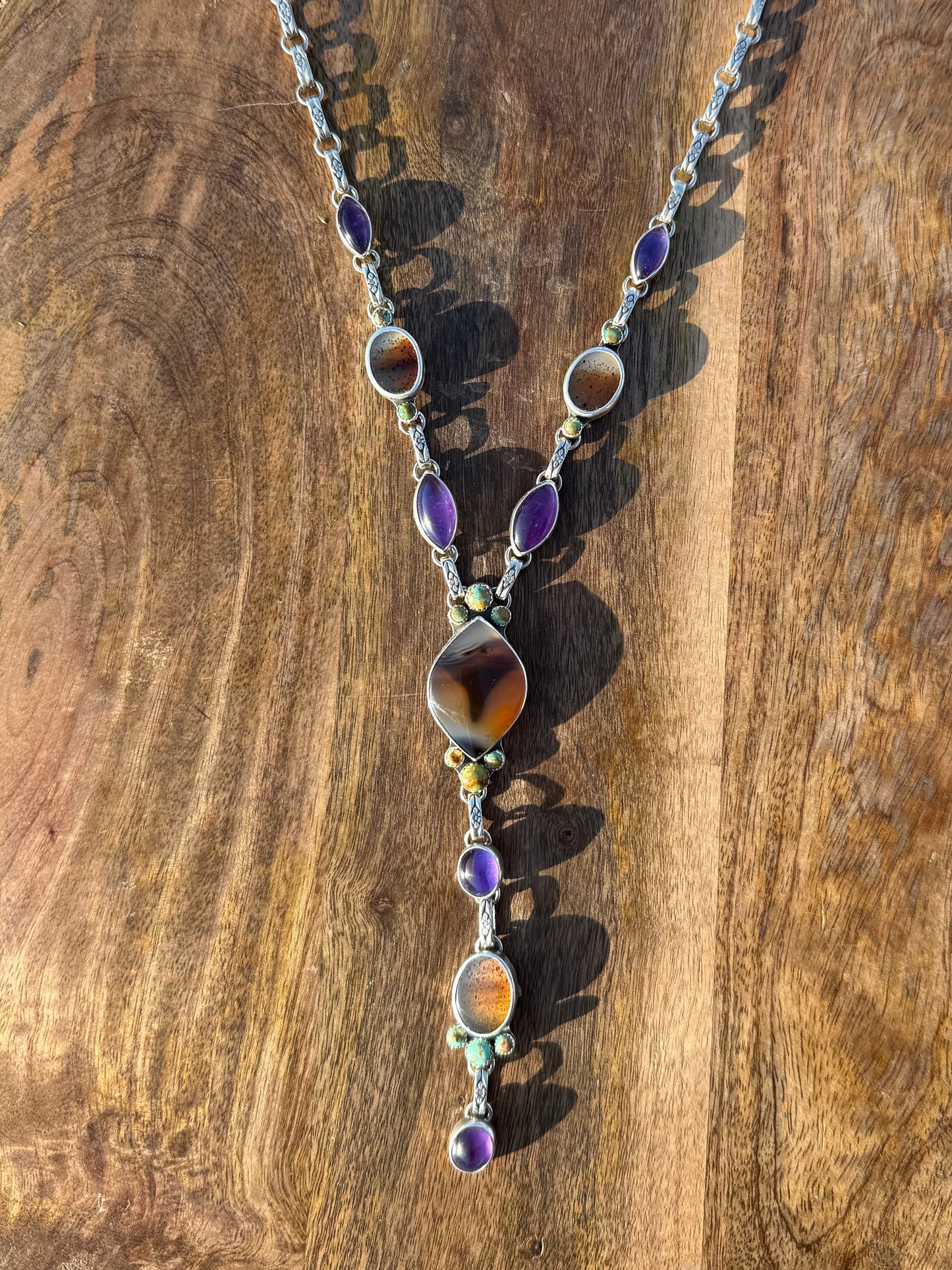 Montana Agate, Kingman Turquoise & Amethyst Lariat Necklace | Montana Collection