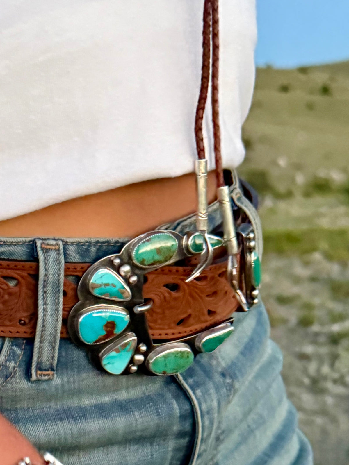Ombré Royston turquoise steel belt buckle with fine silver bezels and matching turquoise belt keeper by Donnalee Silver