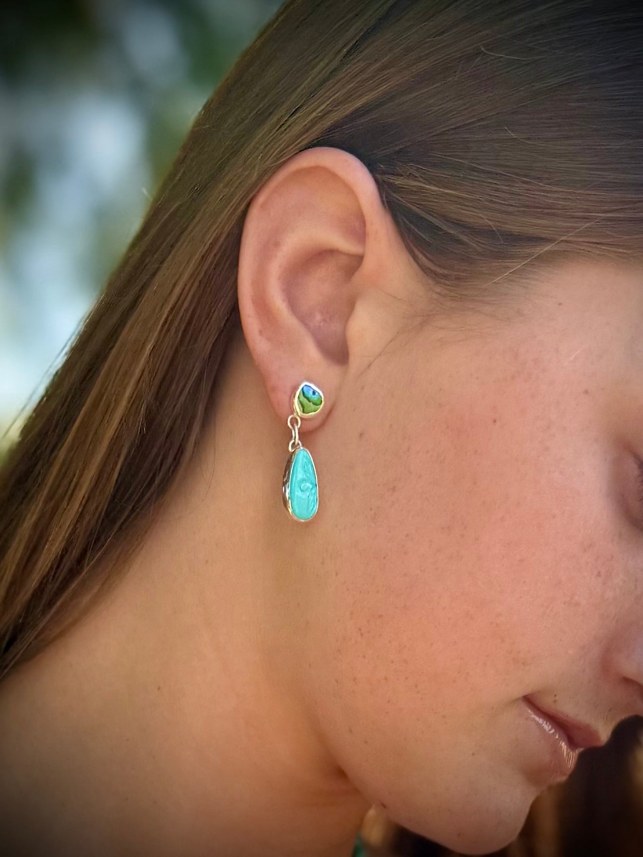 Hand Carved Persian Turquoise & Abalone Drop Stud Earrings – Sterling Silver | Spring Collection