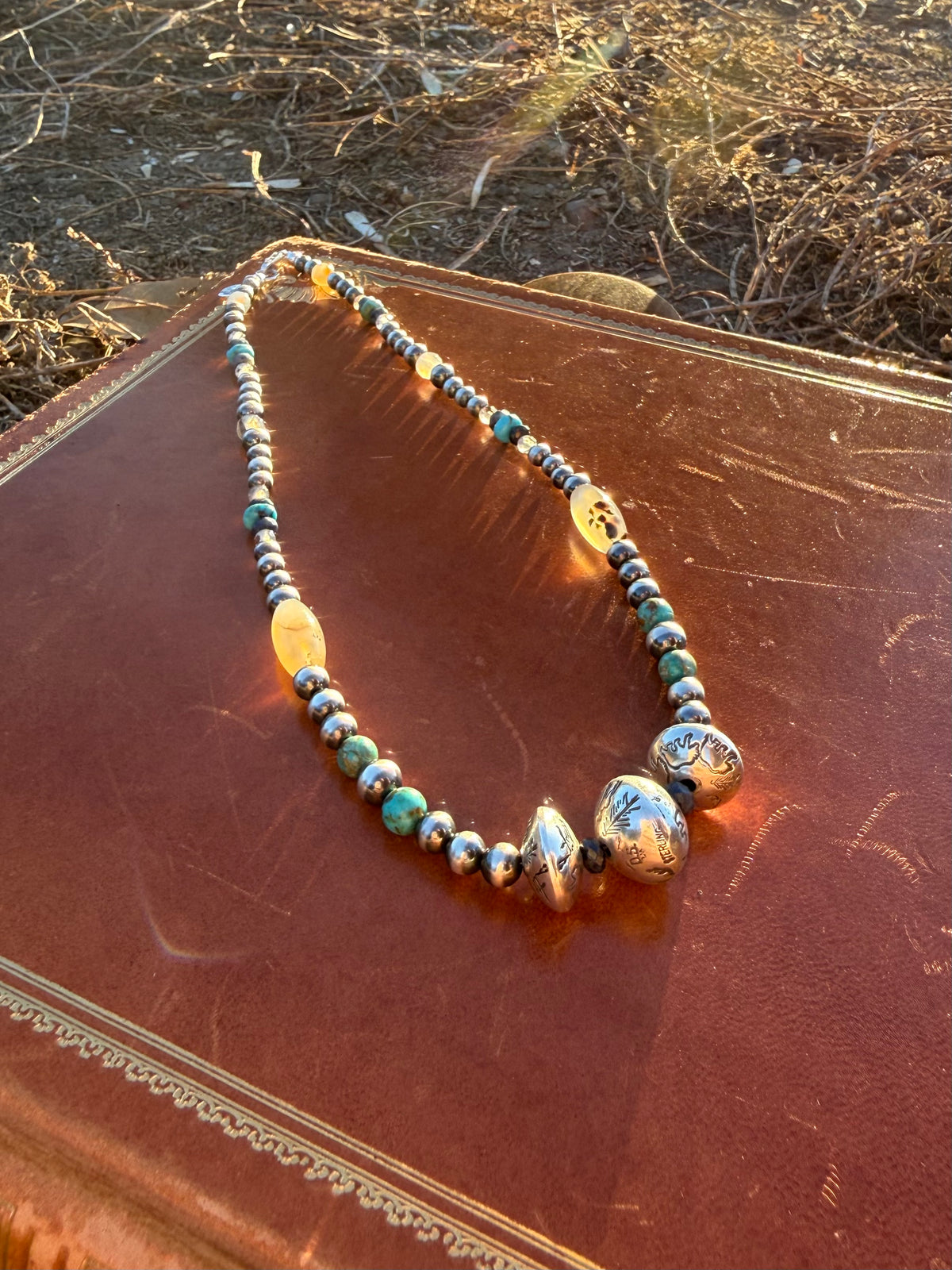 Montana Agate, Sapphire & Kingman Turquoise Necklace with Hand-Stamped Silver Pearls | Montana Collection