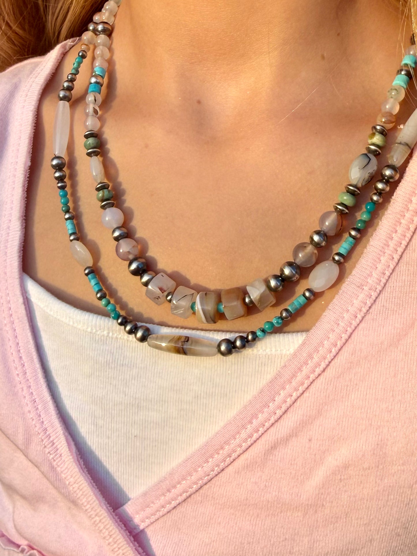 Montana Agate, Kingman Turquoise & Sterling Silver Pearl Beaded Necklace | Montana Collection