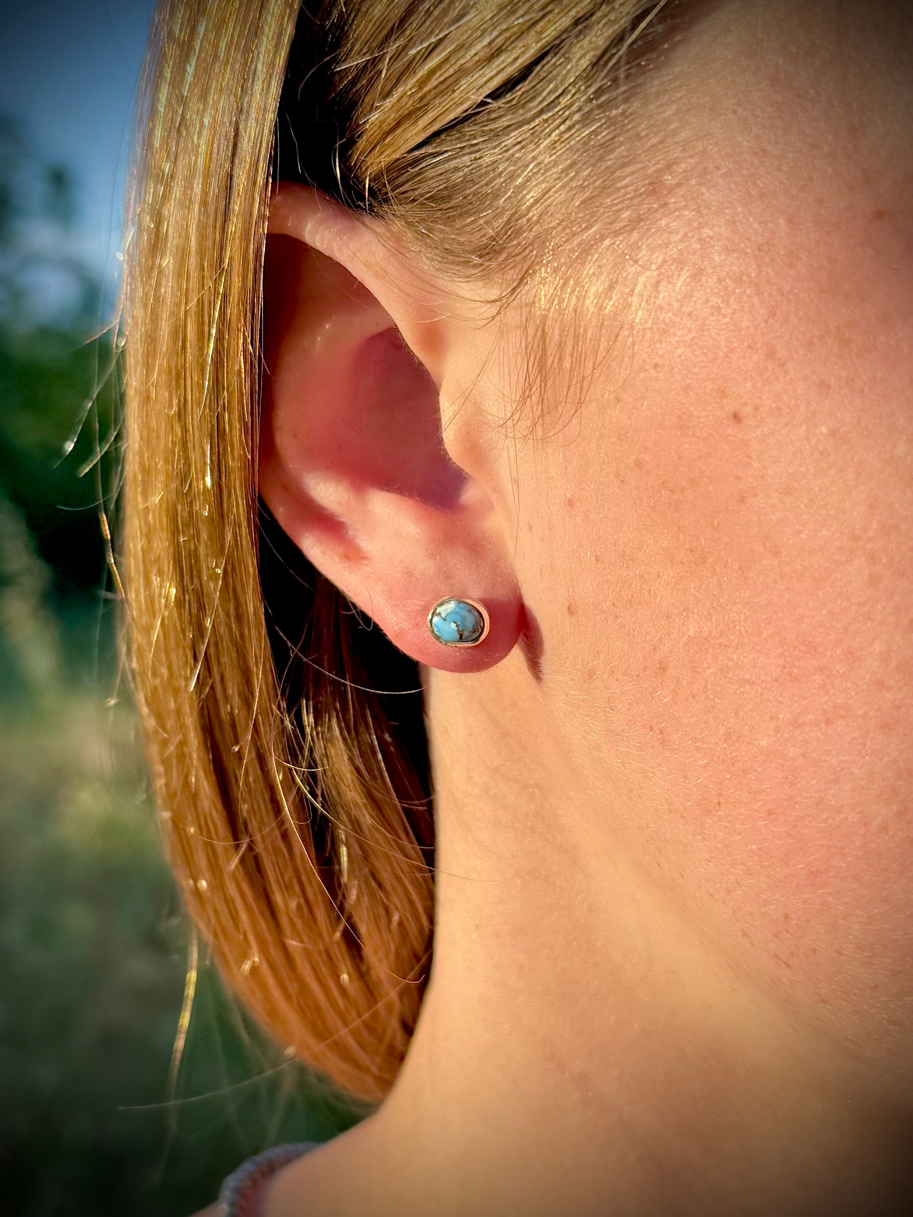 Golden Hills turquoise stud earrings worn, boho western everyday jewelry