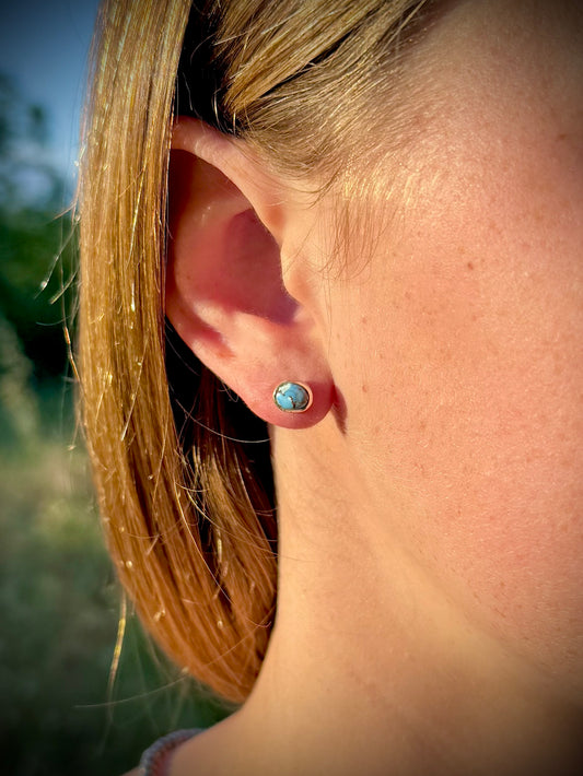 Golden Hills turquoise stud earrings worn, boho western everyday jewelry