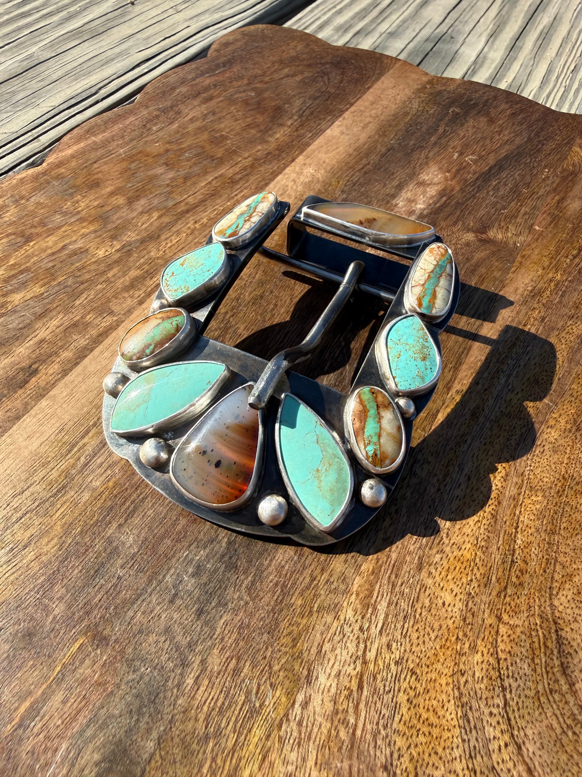 Handmade Royston Ribbon and Sonoran Mountain Turquoise belt buckle with Montana Agate and fine silver bezels.