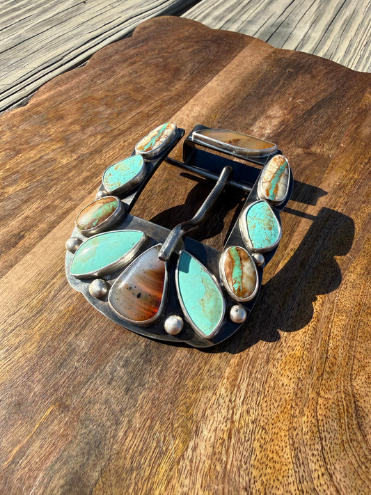 Handmade Royston Ribbon and Sonoran Mountain Turquoise belt buckle with Montana Agate and fine silver bezels.