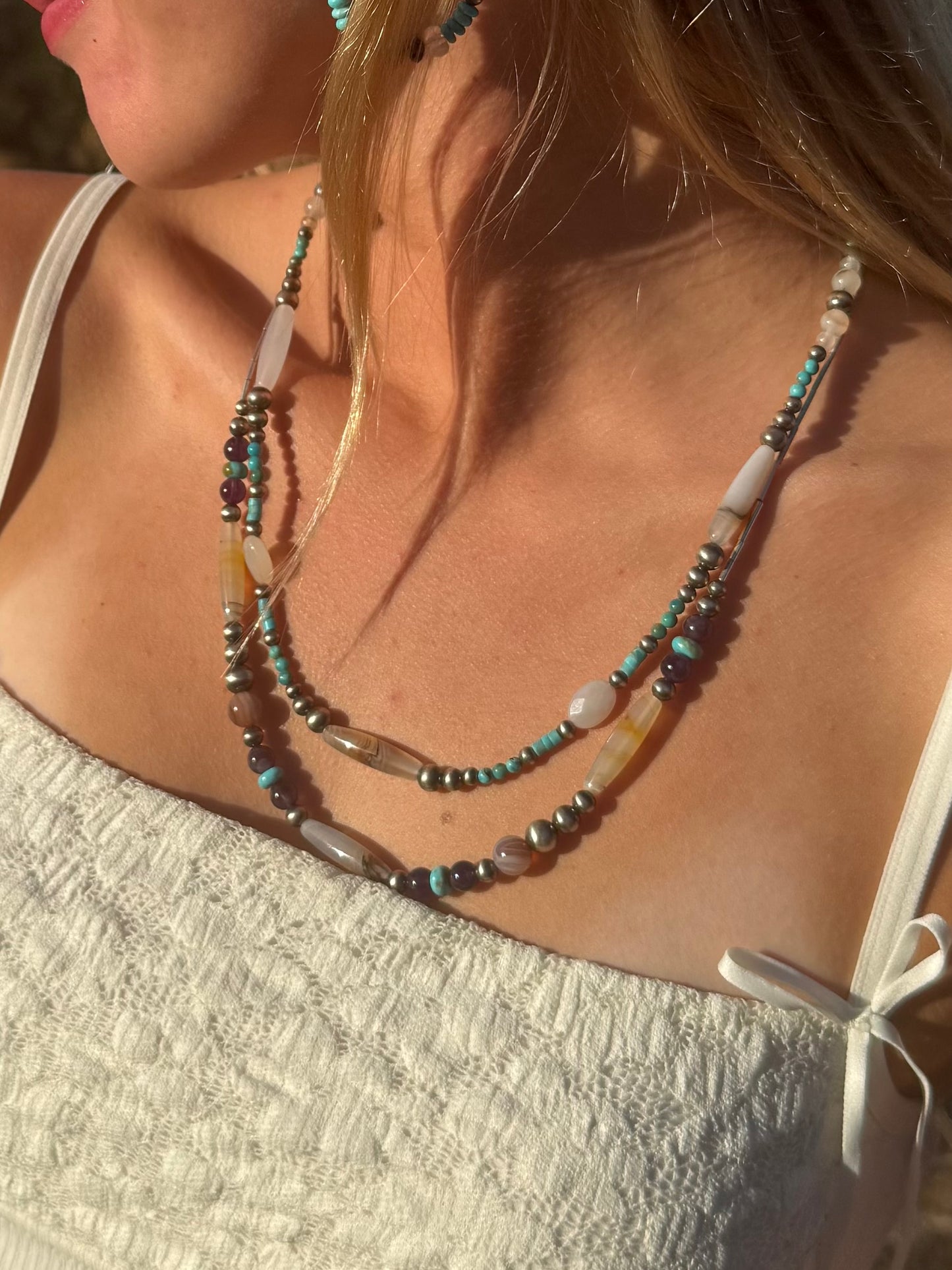 Montana Agate & Kingman Turquoise Sterling Silver Beaded Necklace| Montana Collection