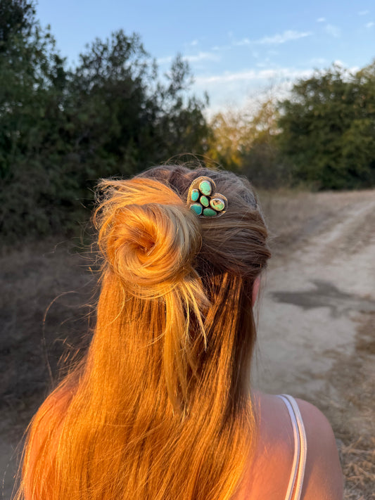 Mixed turquoise heart sterling silver hair pin with Ear Mountain stamped border worn in an updo by Donnalee Silver