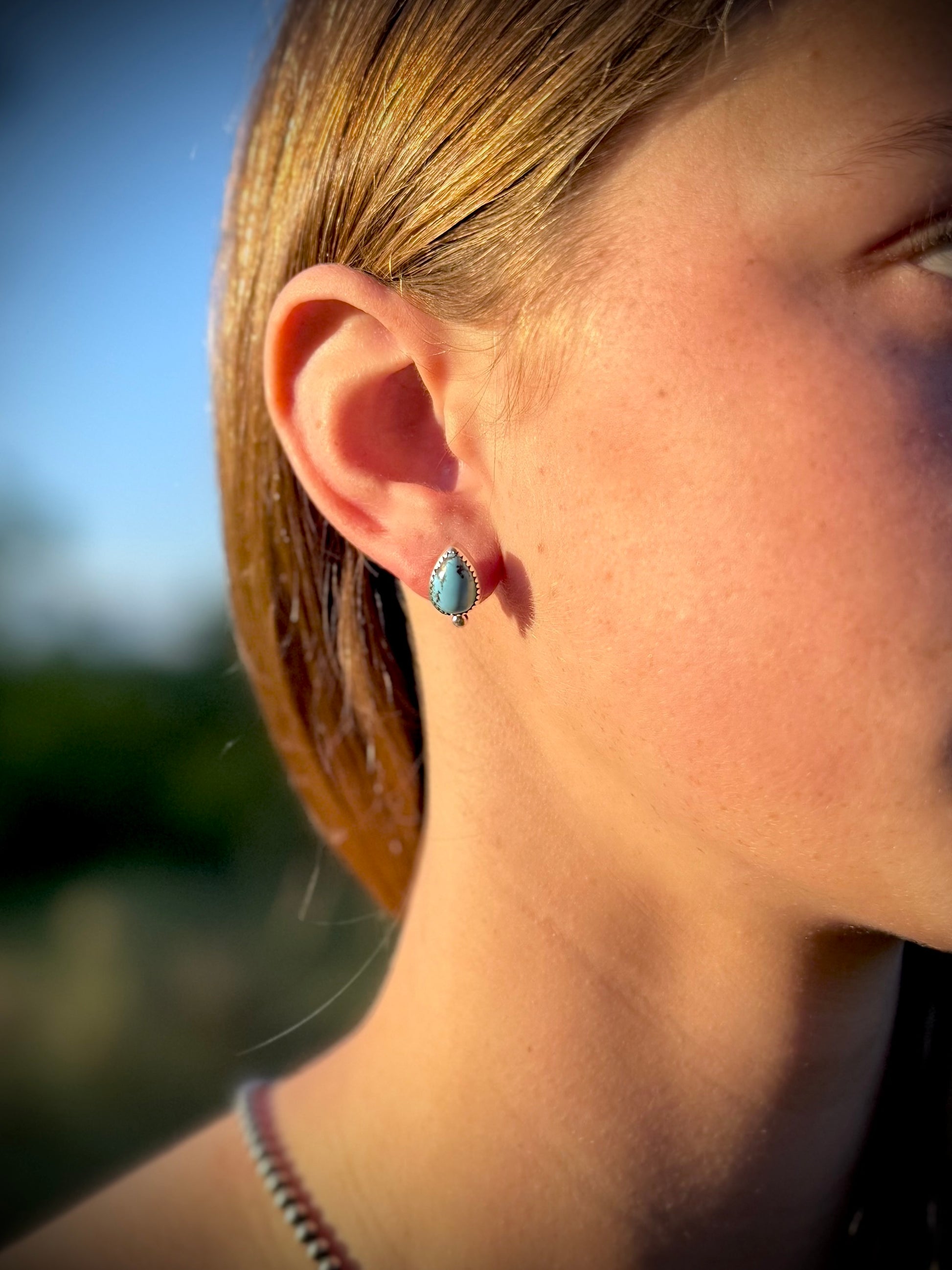 Golden Hills turquoise teardrop stud earrings worn, boho western everyday jewelry