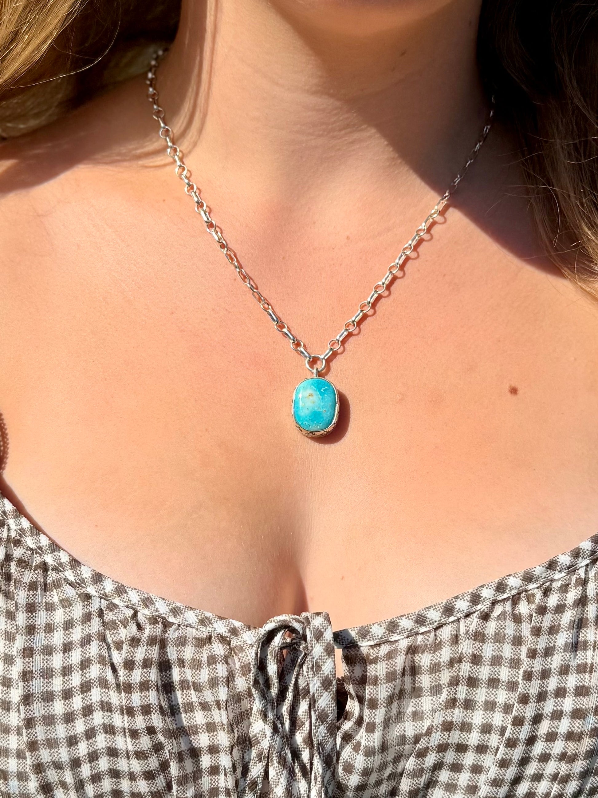 Chunky Royston turquoise necklace worn on model, bold southwestern boho statement piece