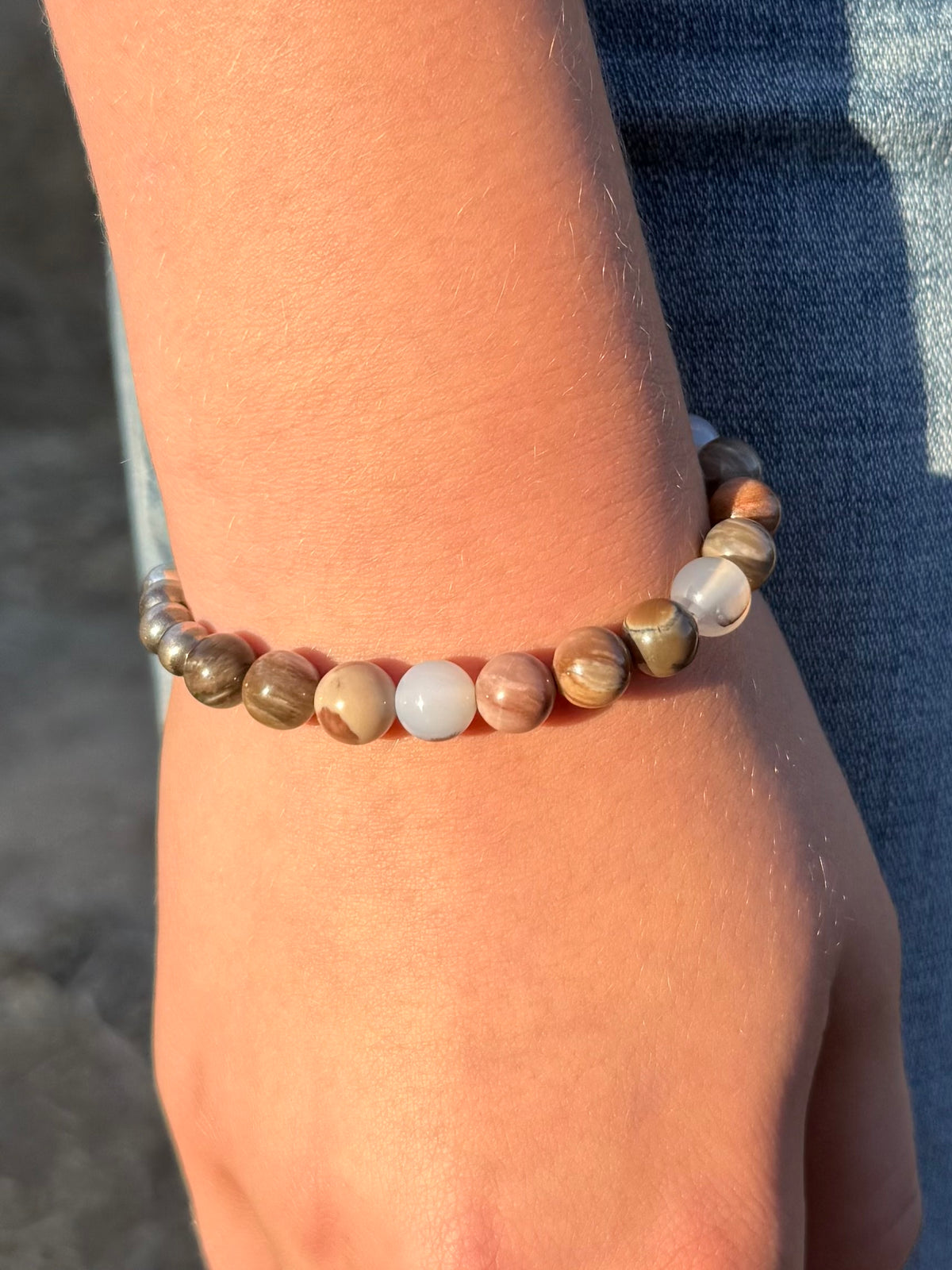 Handmade Montana Agate Petrified Wood and sterling silver beaded bracelet