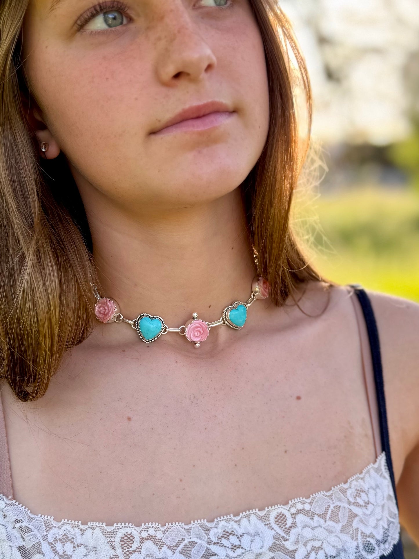 Kingman Turquoise Heart & Pink Conch Rose Necklace | Sterling Silver Boho Western Jewelry