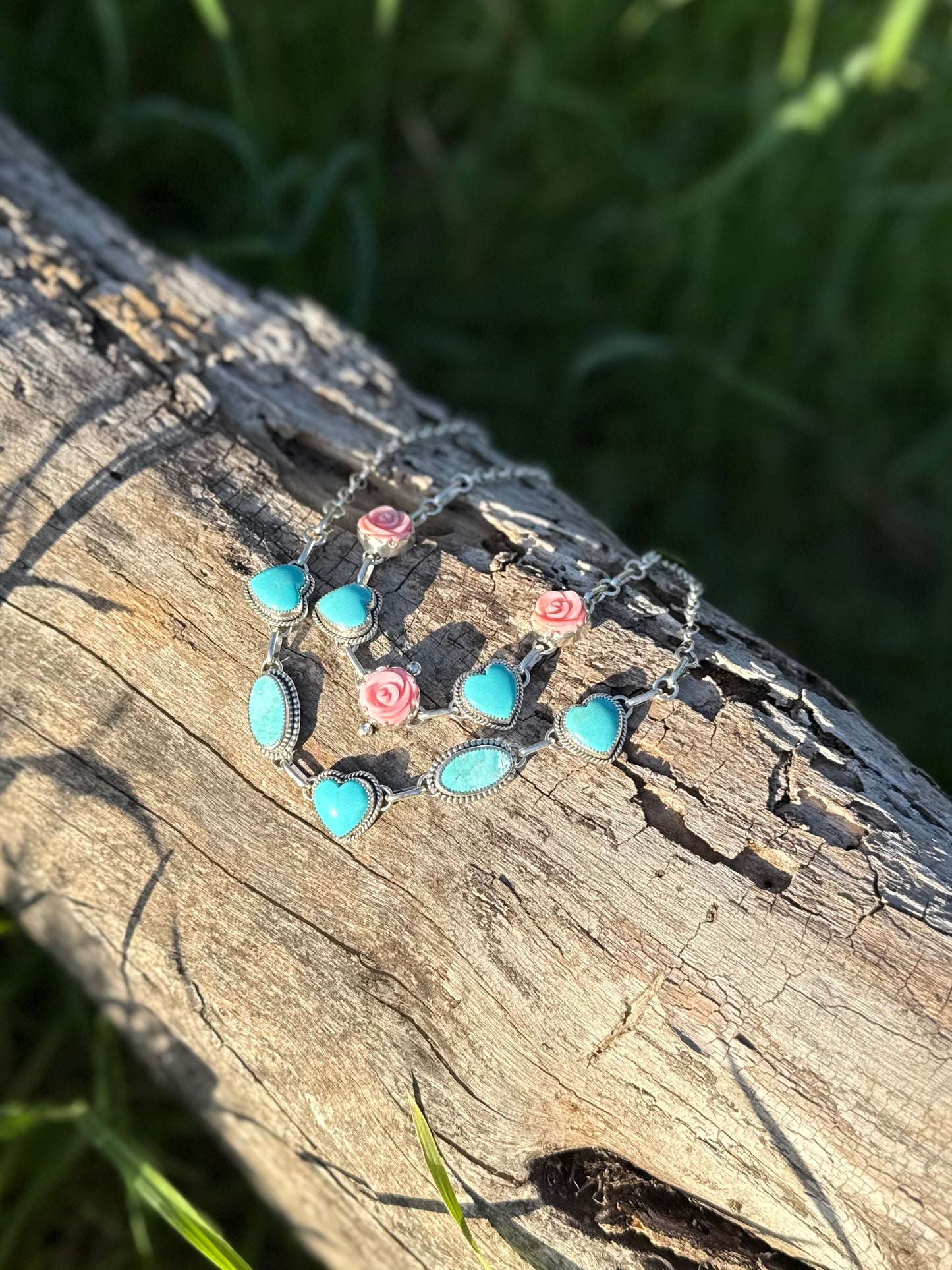 Kingman turquoise heart necklace, shown stacked everyday boho western jewelry