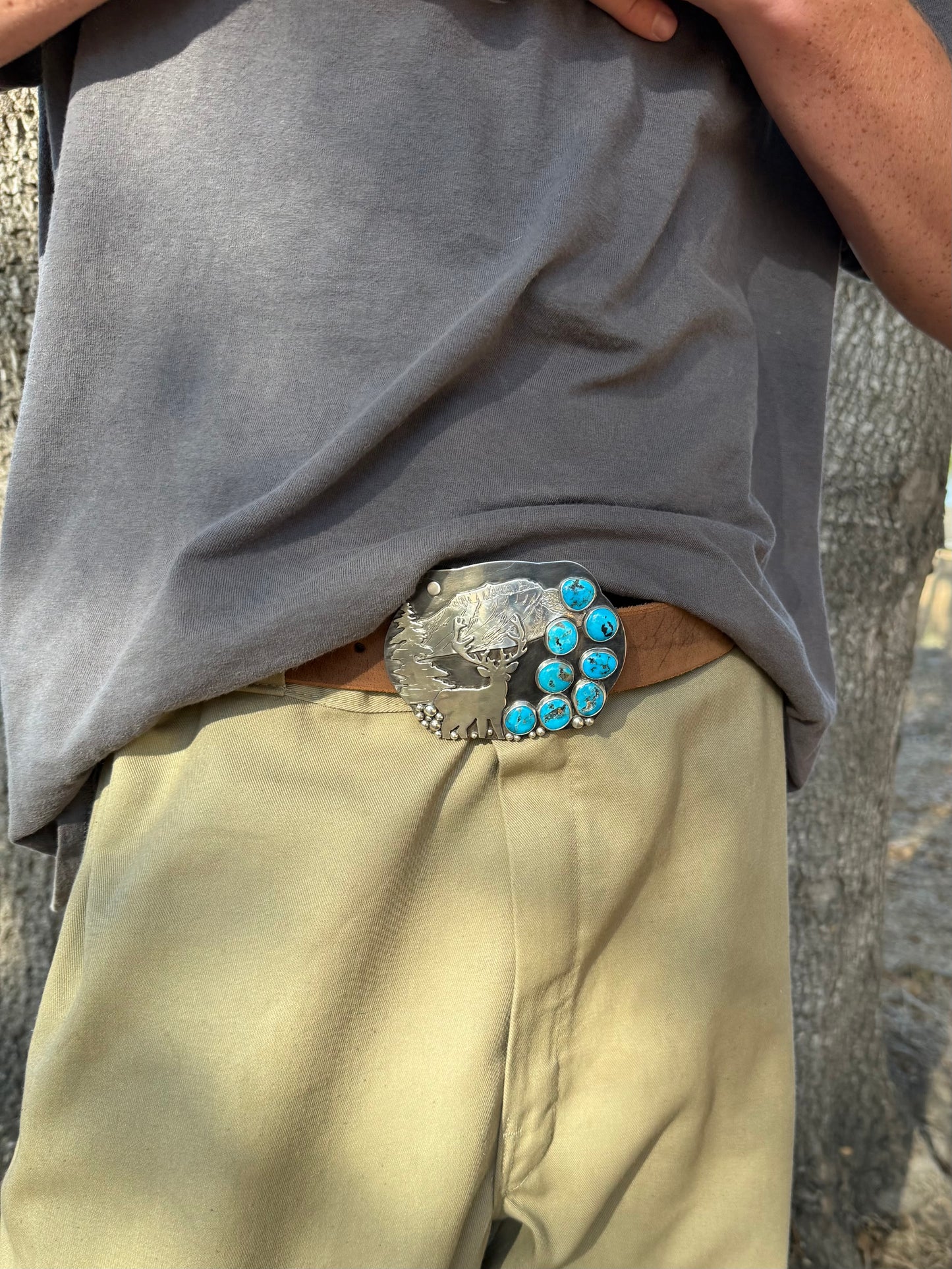 Ithaca Peak Turquoise Hand Engraved Elk Belt Buckle | Montana Collection