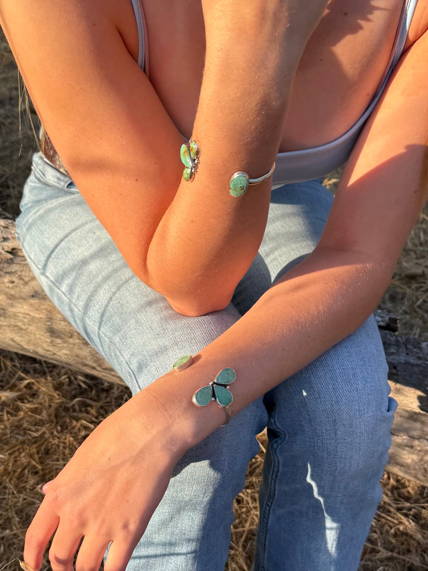 Kingman & Sonoran Gold Turquoise Pinch Petal Cuff Bracelet – Handmade Sterling Silver