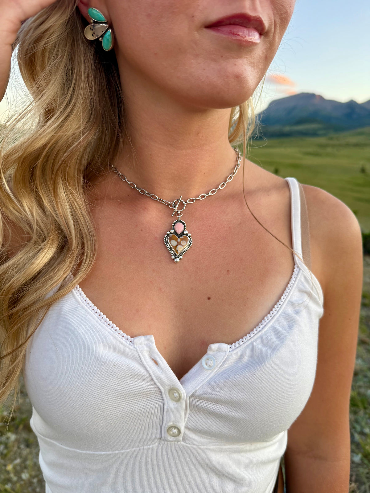 Spotted Fawn Jasper & Pink Conch Heart Sterling Silver Necklace | Montana Collection