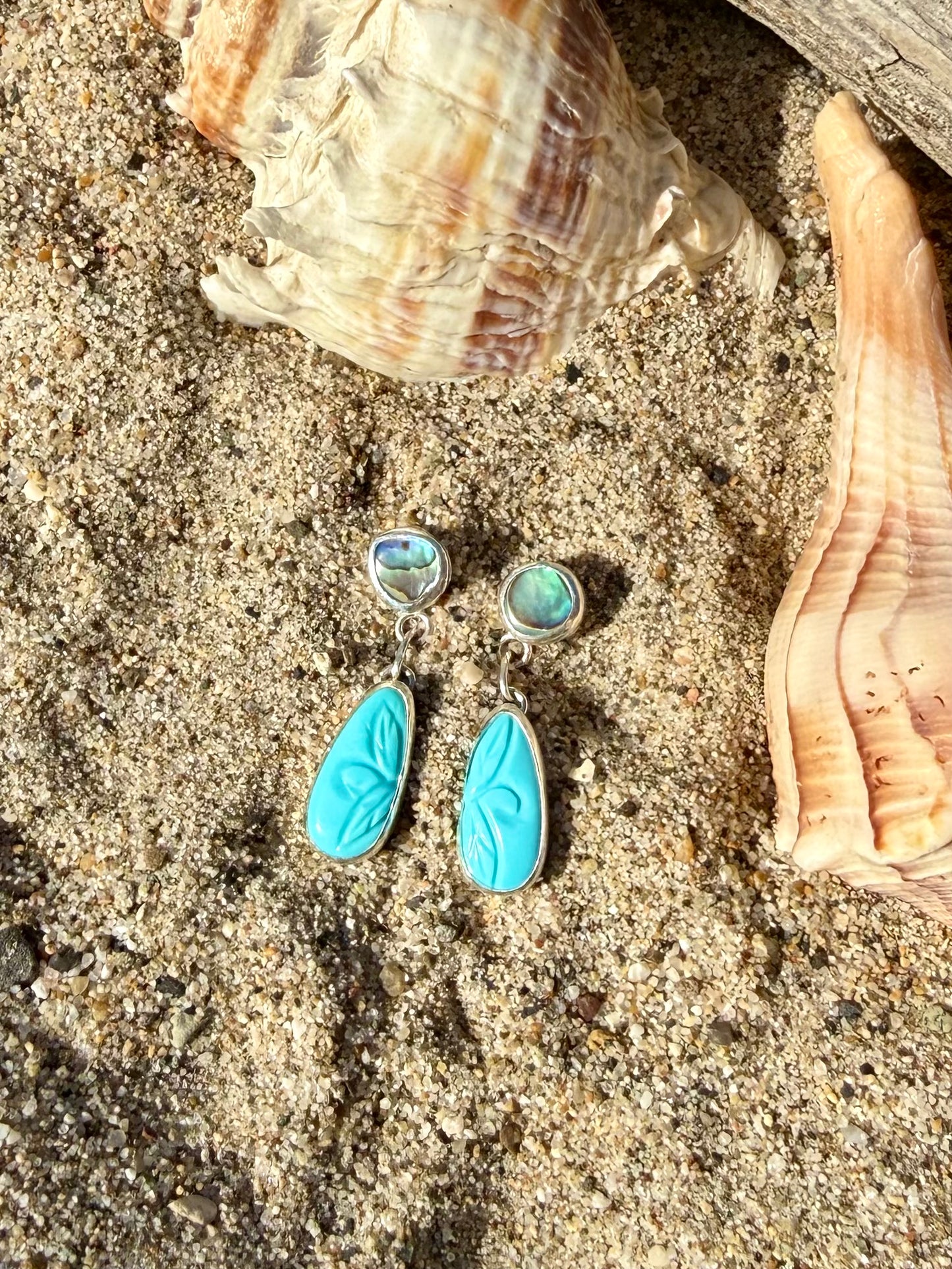 Hand Carved Persian Turquoise & Abalone Drop Stud Earrings – Sterling Silver | Spring Collection