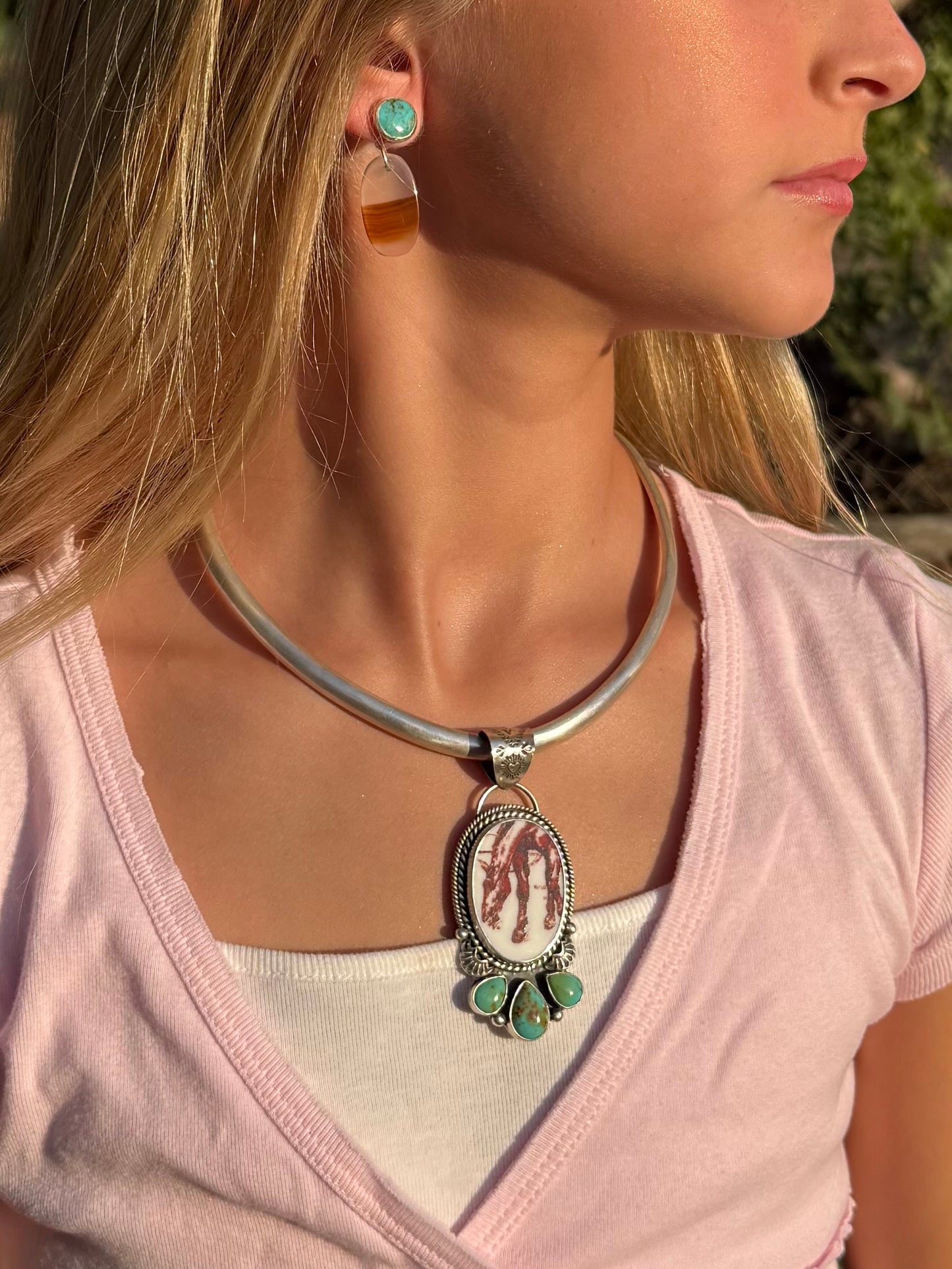 Porcelain Horse & Kingman Turquoise Sterling Silver Pendant | Montana Collection