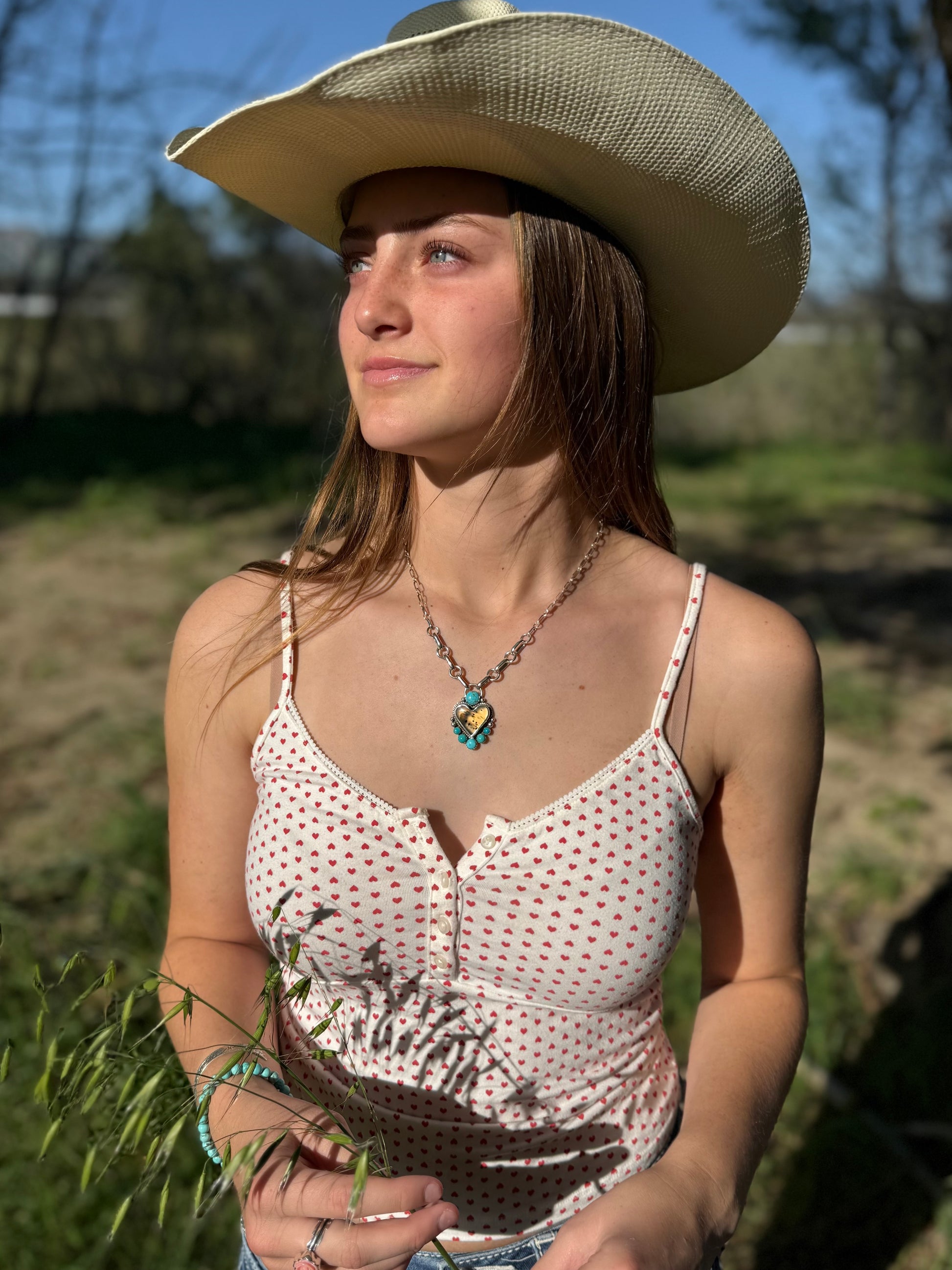 Montana agate and turquoise heart necklace worn, boho western statement jewelry