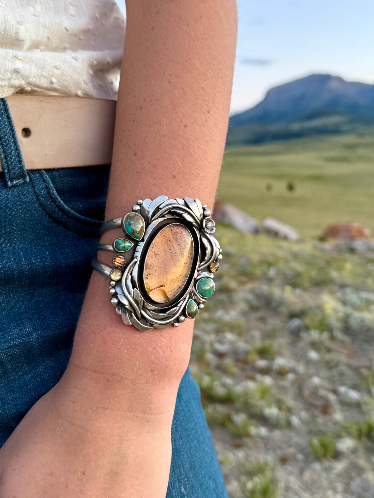 Handmade Montana Agate, Golden Rutilated Quartz and Kingman Turquoise sterling silver statement cuff by Donnalee Silver