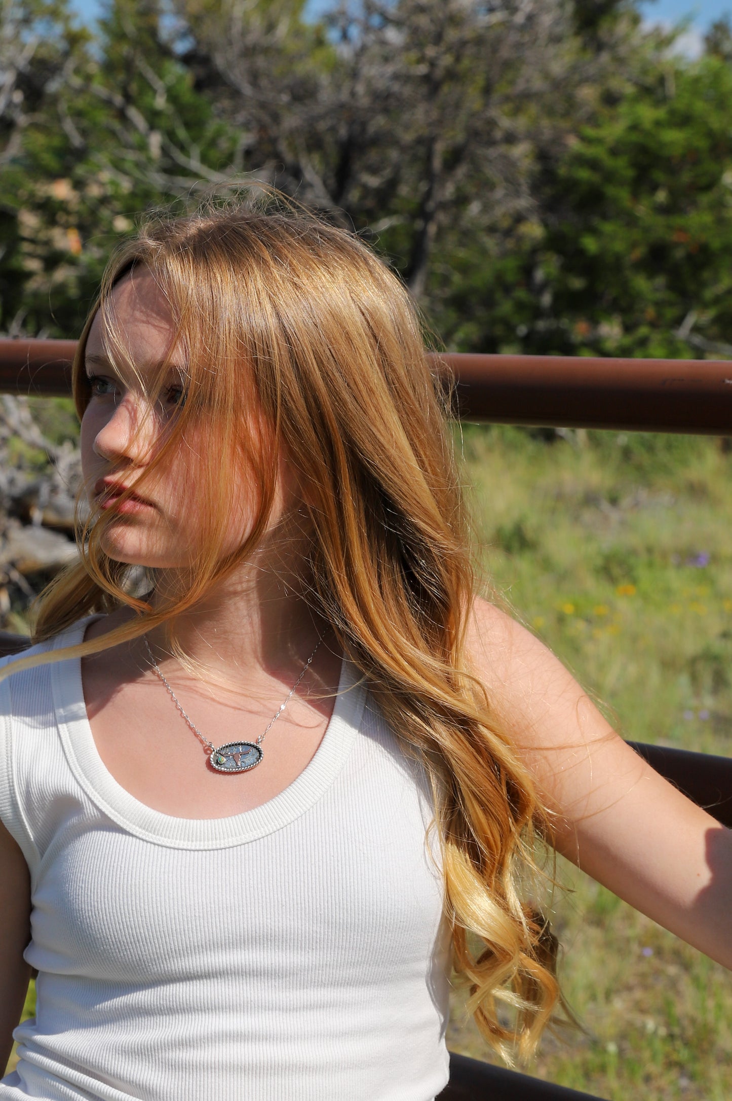 Hand Engraved Kingman Turquoise & Copper Longhorn Bar Necklace | Montana Collection
