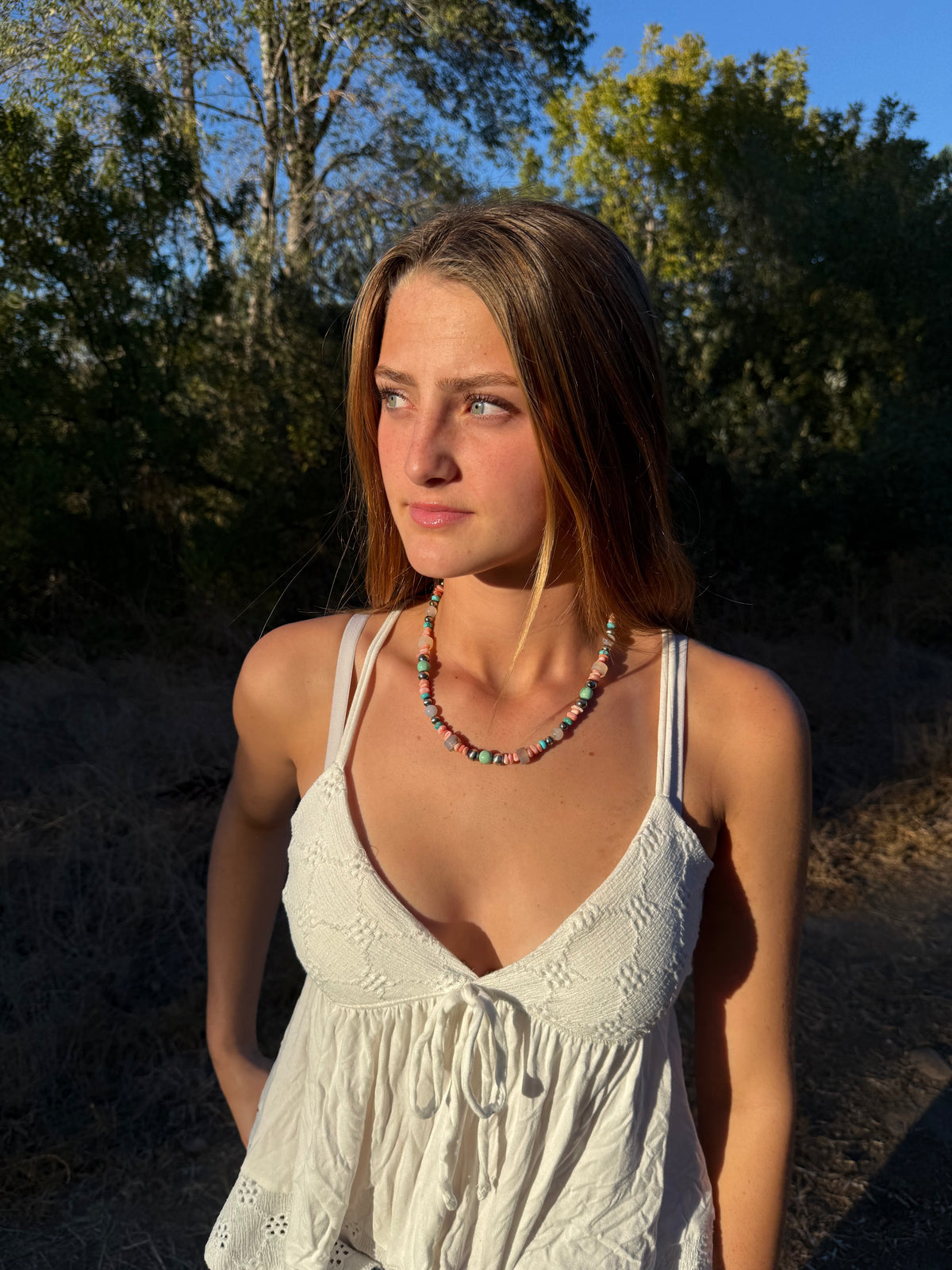 Montana Agate, Kingman Turquoise, Variscite & Pink Conch Beaded Necklace | Montana Collection