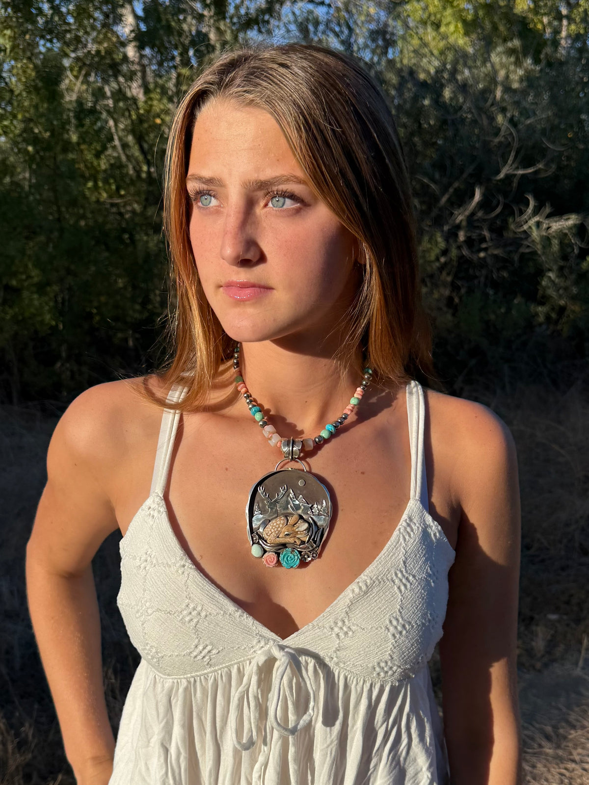 “The Story Time Pendant” Spotted Fawn Pendant | Kingman Turquoise, Palomino & Pink Conch | Montana Collection