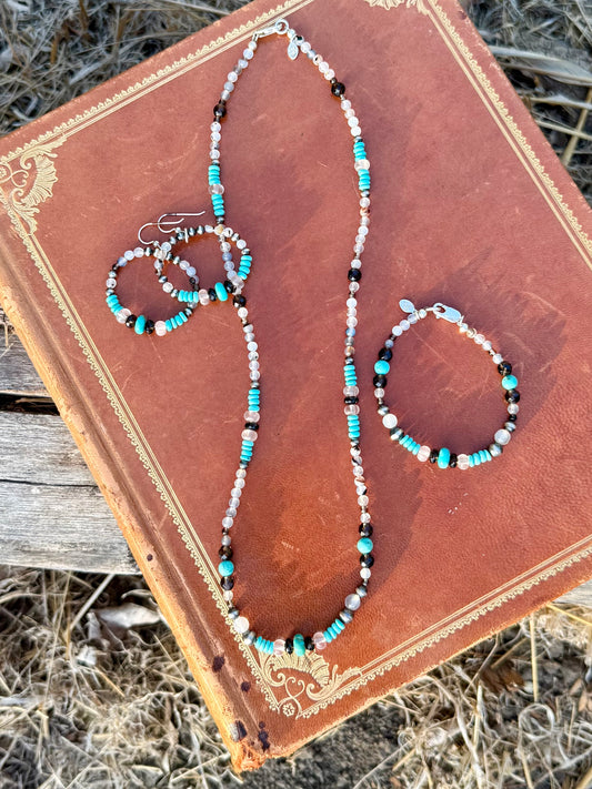 Montana Agate Smoky Quartz Rose Quartz Kingman turquoise necklace bracelet and earring set handmade by Donnalee Silver
