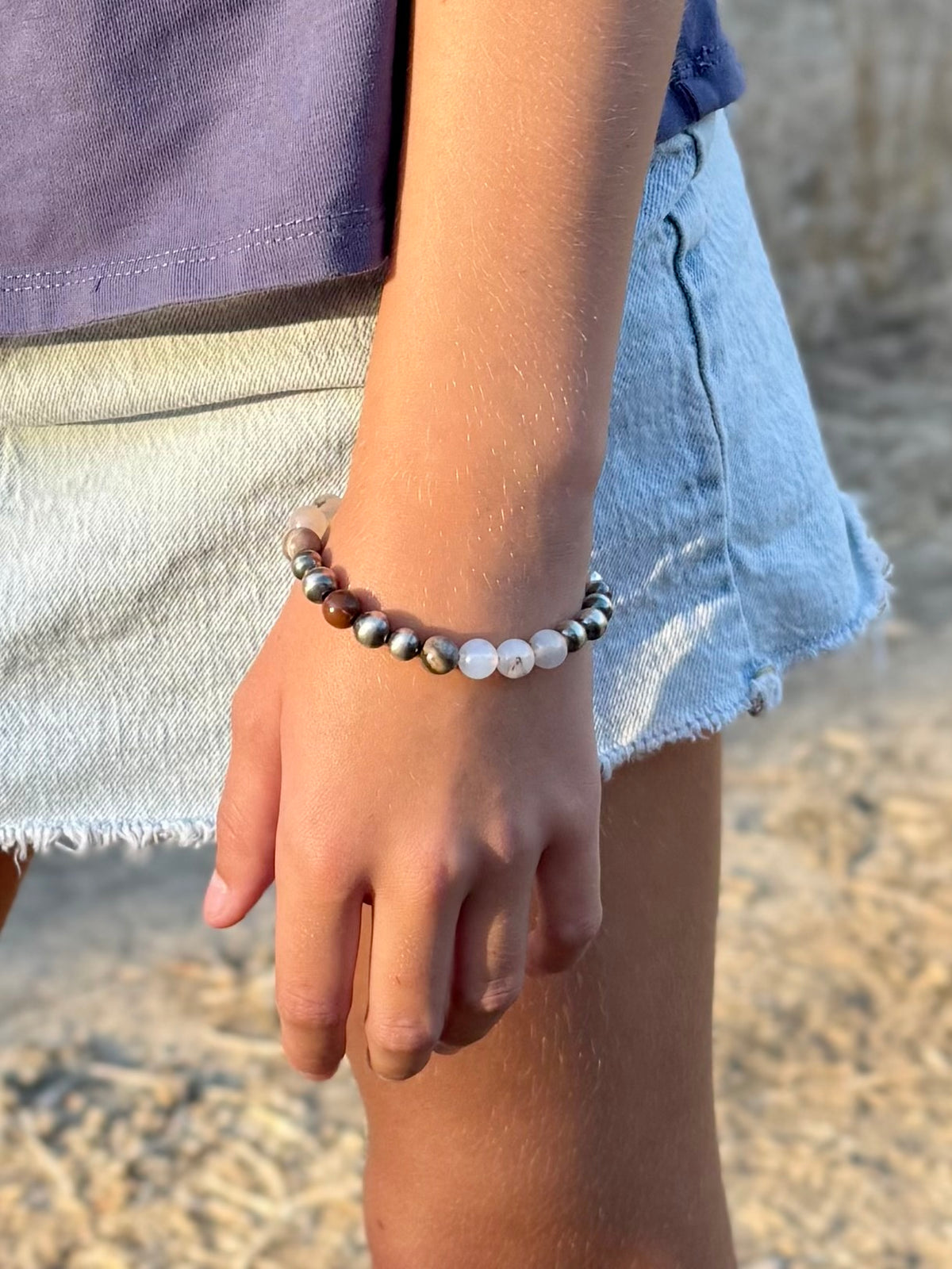 One of a kind Western beaded bracelet with Montana Agate Petrified Wood and sterling silver pearls