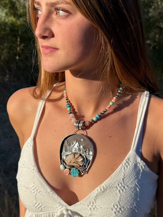 “The Story Time Pendant” Spotted Fawn Pendant | Kingman Turquoise, Palomino & Pink Conch | Montana Collection