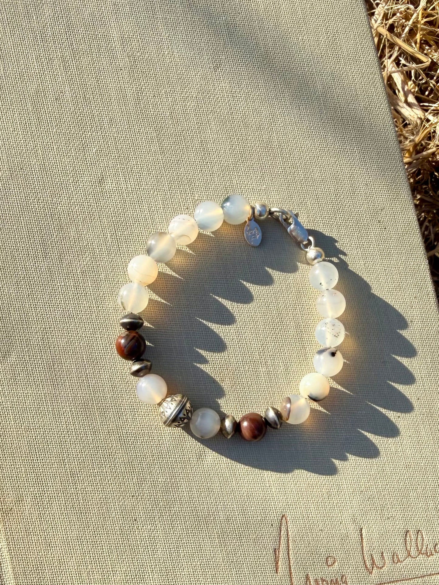 Montana agate petrified wood and sterling silver pearl beaded bracelet handmade by Donnalee Shewmake
