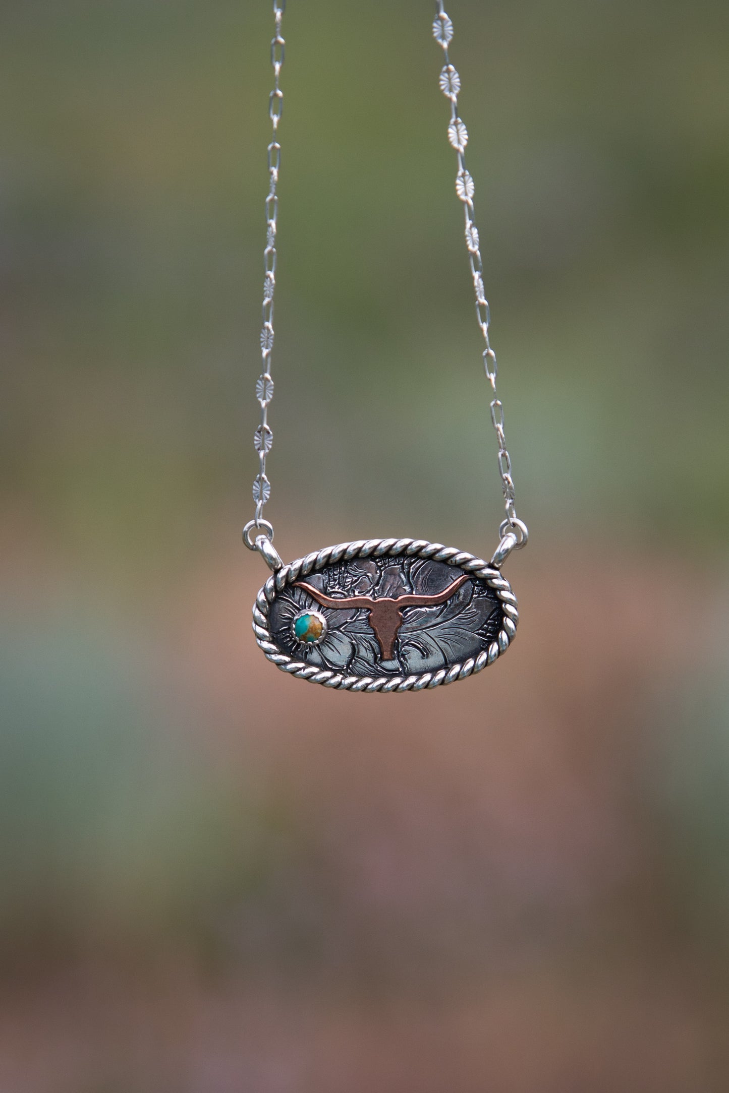 Hand Engraved Kingman Turquoise & Copper Longhorn Bar Necklace | Montana Collection