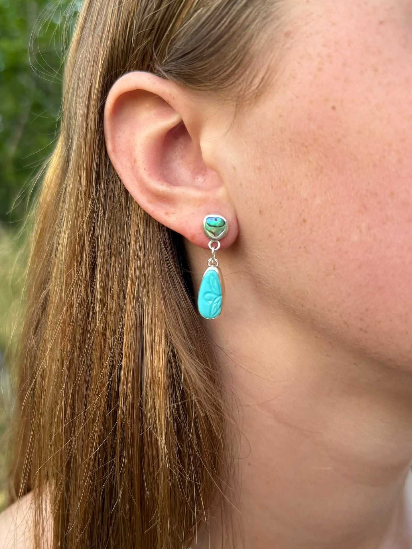 Hand Carved Persian Turquoise & Abalone Drop Stud Earrings – Sterling Silver | Spring Collection