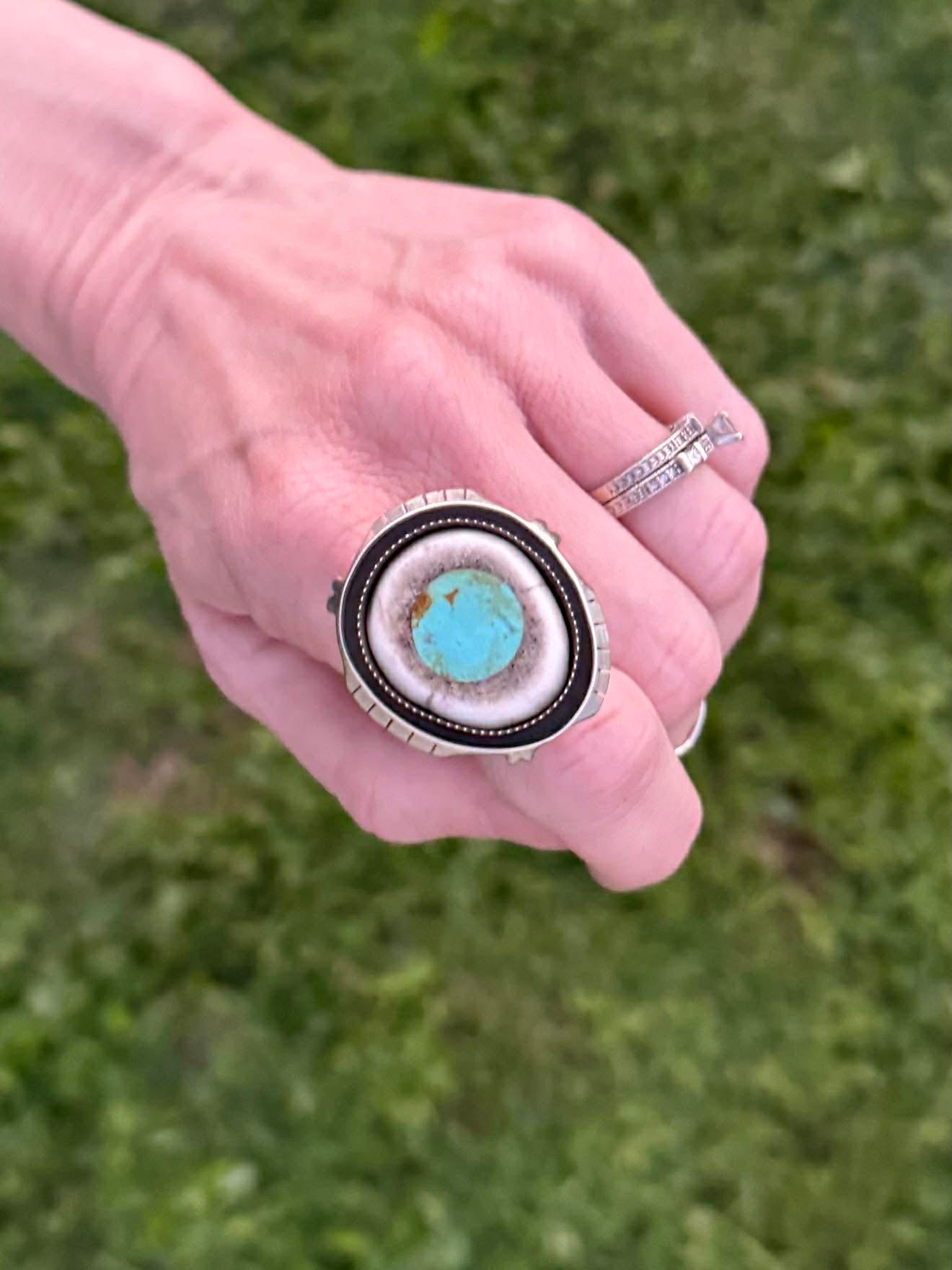 Unisex deer antler and turquoise ring worn on hand, rustic western style jewelry