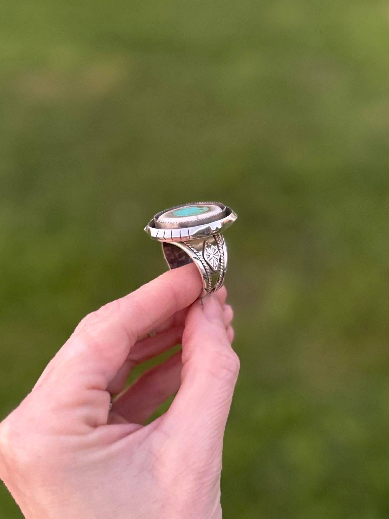 Size reference of deer antler and turquoise inlay ring showing width and proportions