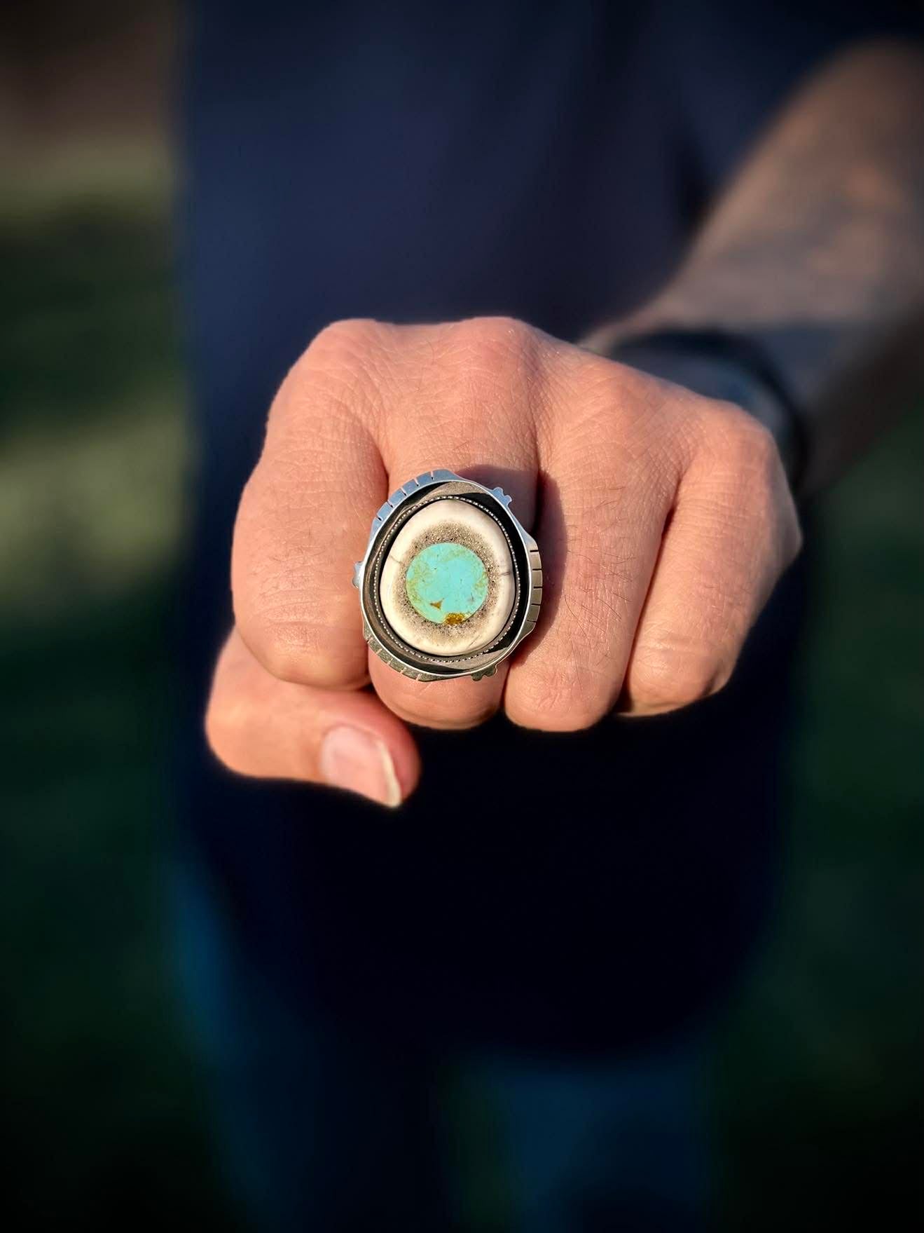 Deer antler and turquoise inlay ring in sterling silver, unisex western style statement band