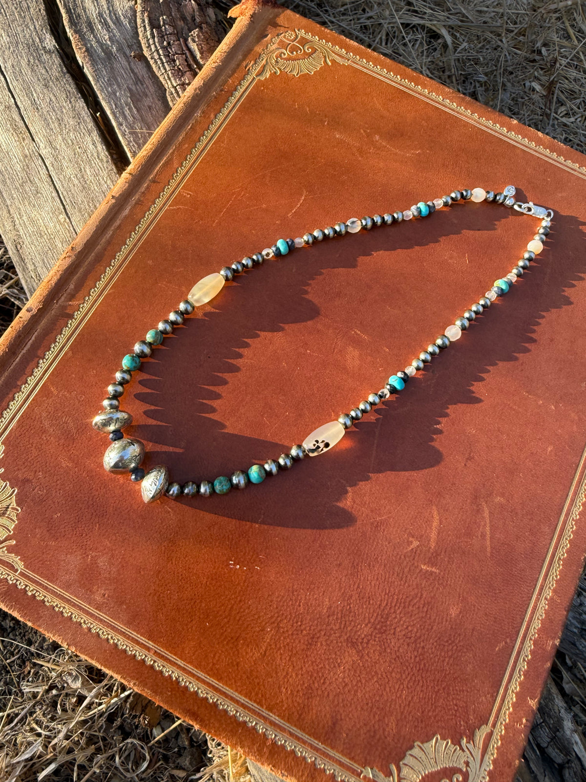 Montana Agate, Sapphire & Kingman Turquoise Necklace with Hand-Stamped Silver Pearls | Montana Collection