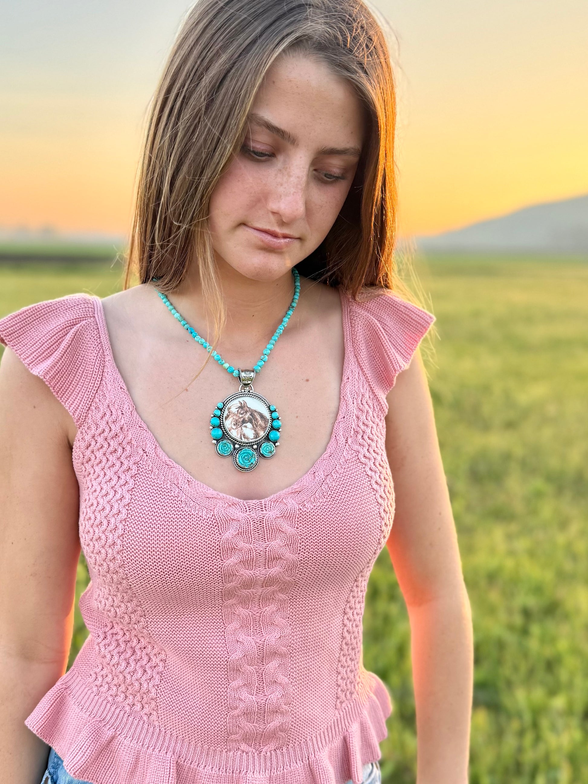Turquoise roses and porcelain pendant worn, western boho style statement jewelry