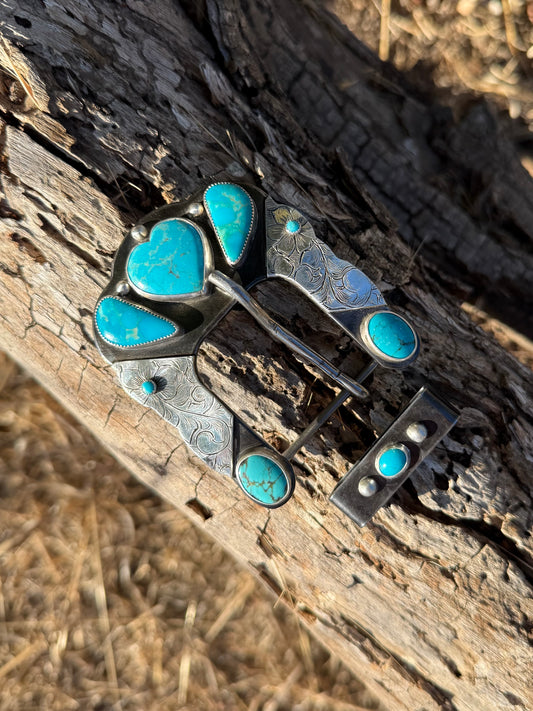 Hand engraved Kingman turquoise belt buckle with sterling silver plates and matching turquoise belt keeper by Donnalee Silver