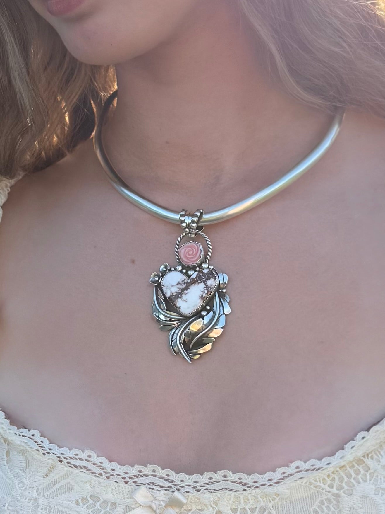 Wildhorse heart pendant showing size and proportions when worn
