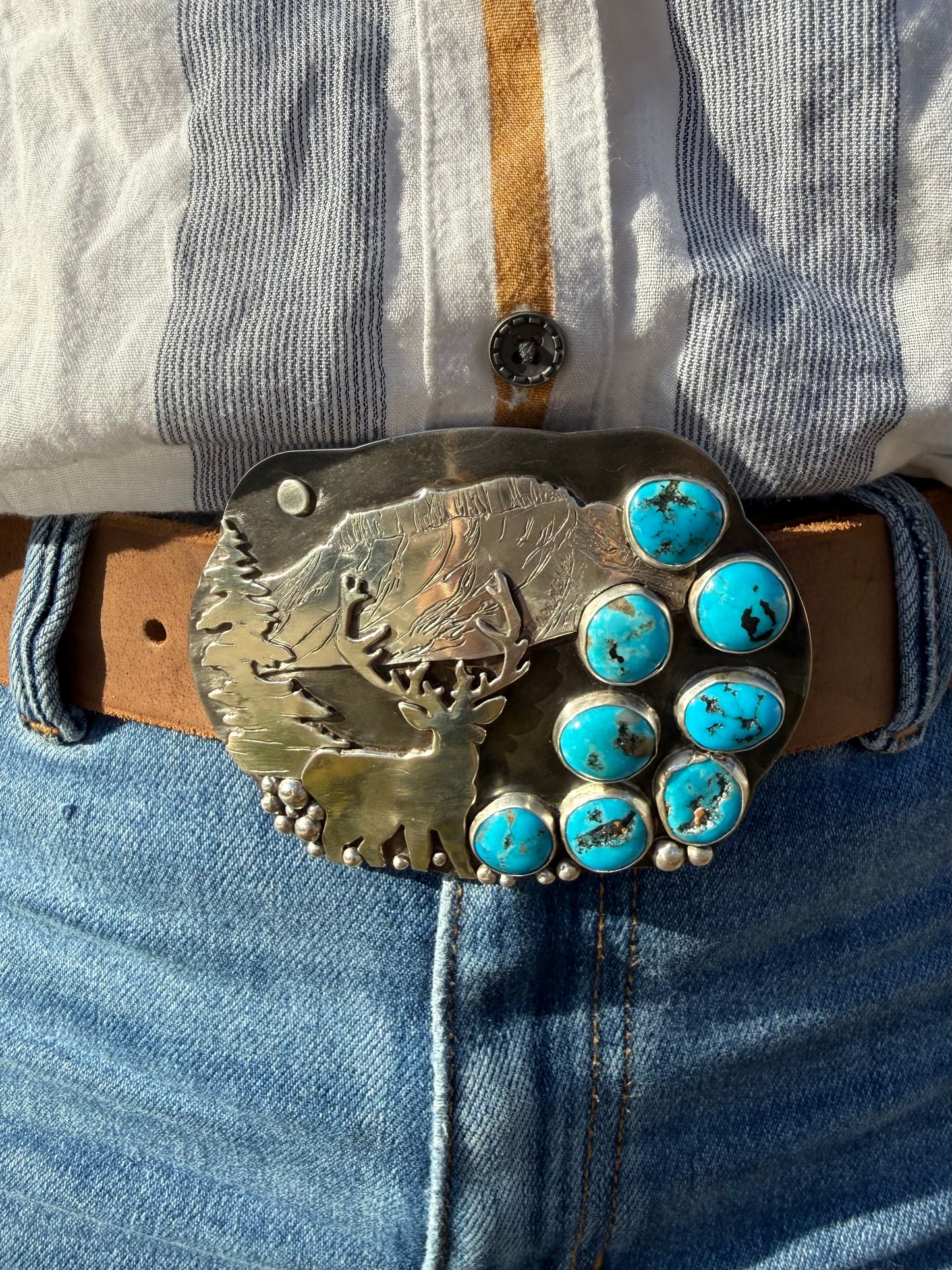 Ithaca Peak Turquoise Hand Engraved Elk Belt Buckle | Montana Collection