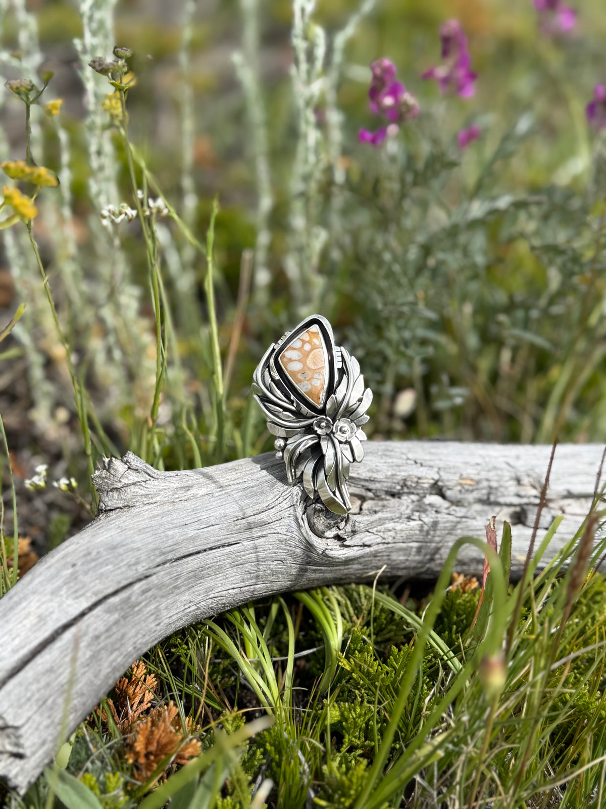 Spotted Fawn Jasper statement ring with layered sterling silver leaves and flowers handmade by Donnalee Silver