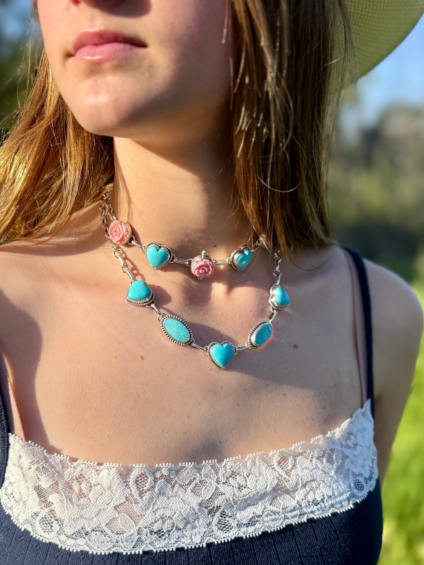 Kingman Turquoise Heart & Pink Conch Rose Necklace | Sterling Silver Boho Western Jewelry