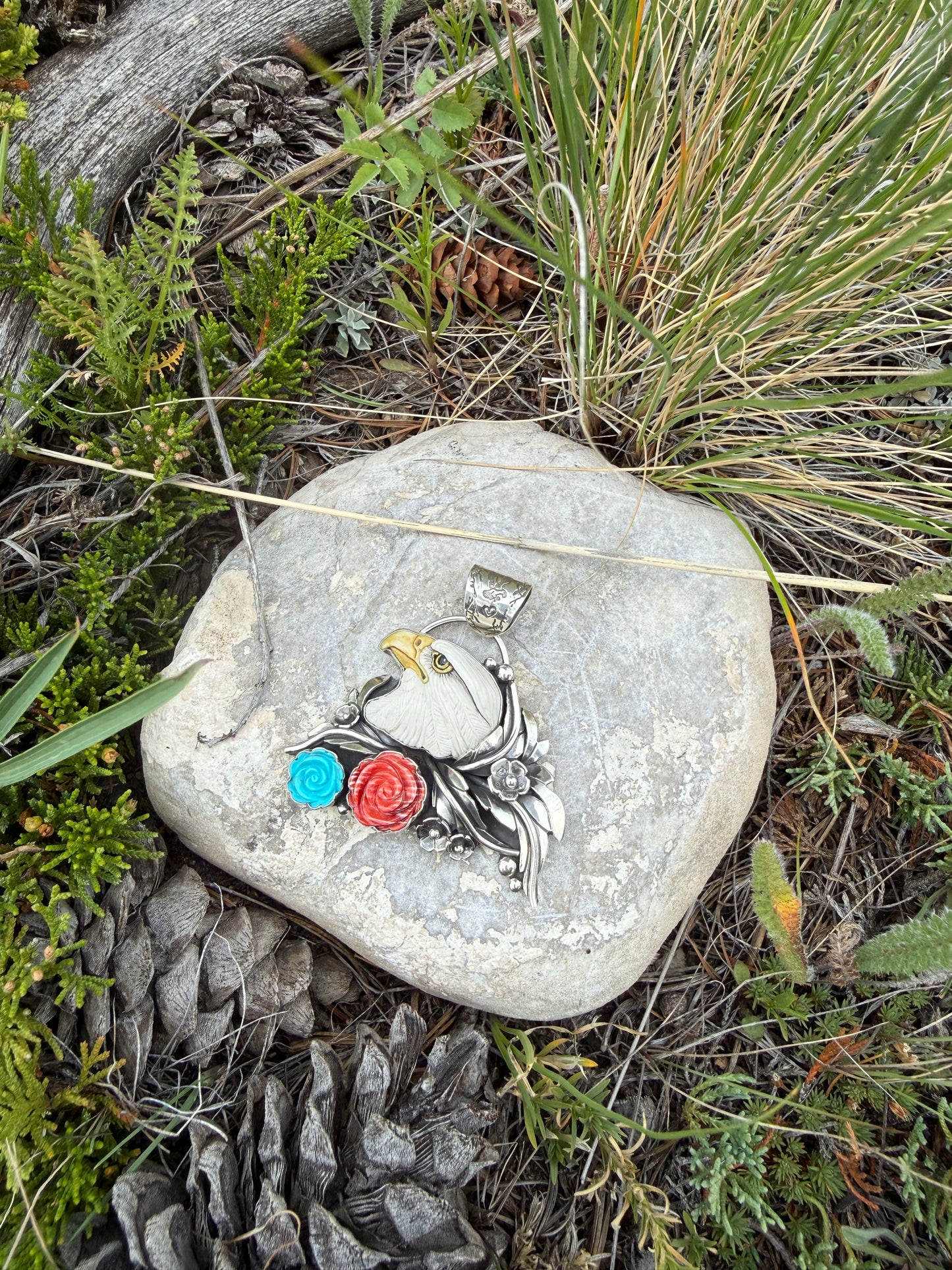 American Eagle Pendant | Laura Mears Porcelain Eagle, Kingman Turquoise & Red Spiny Oyster | Montana Collection