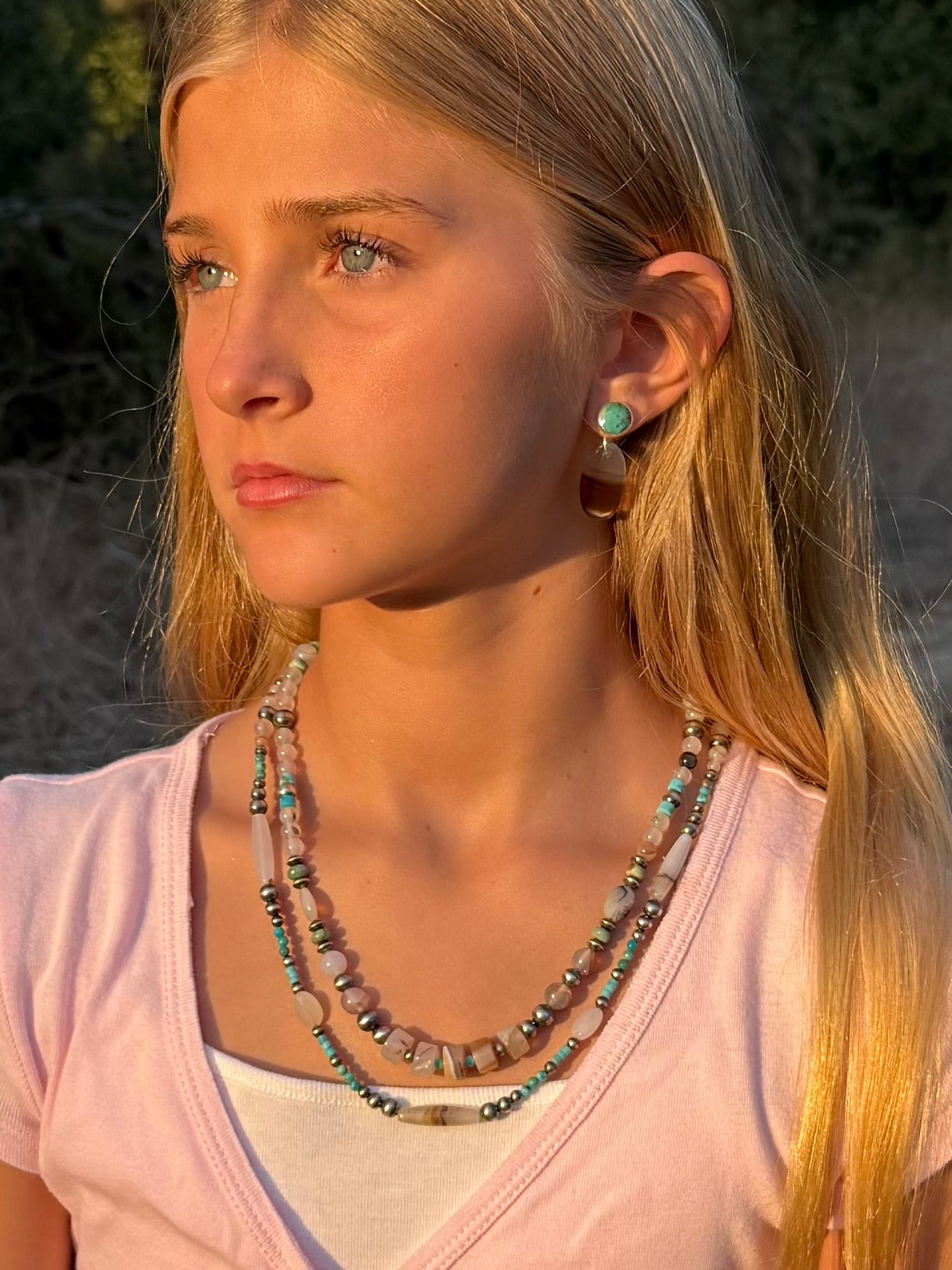 Montana Agate, Kingman Turquoise & Sterling Silver Pearl Beaded Necklace | Montana Collection