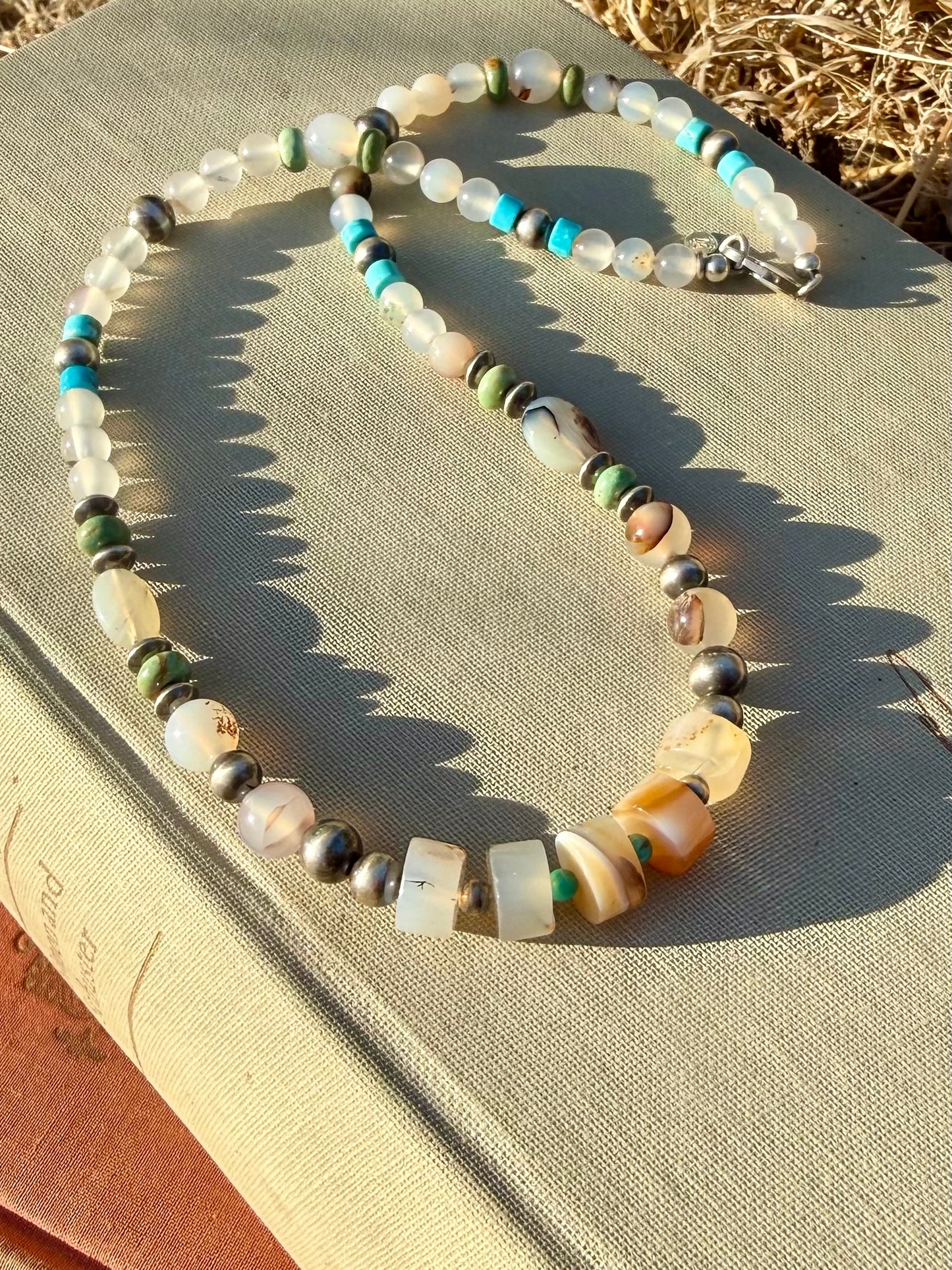 Montana Agate, Kingman Turquoise & Sterling Silver Pearl Beaded Necklace | Montana Collection