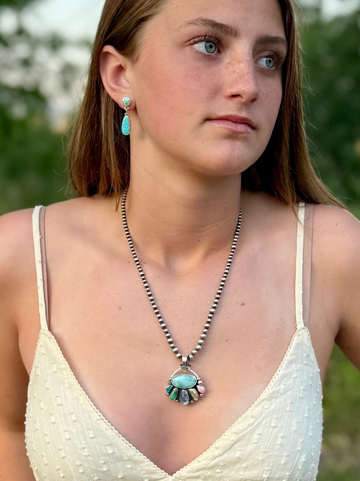 Larimar and opal necklace worn, coastal boho ocean-inspired jewelry